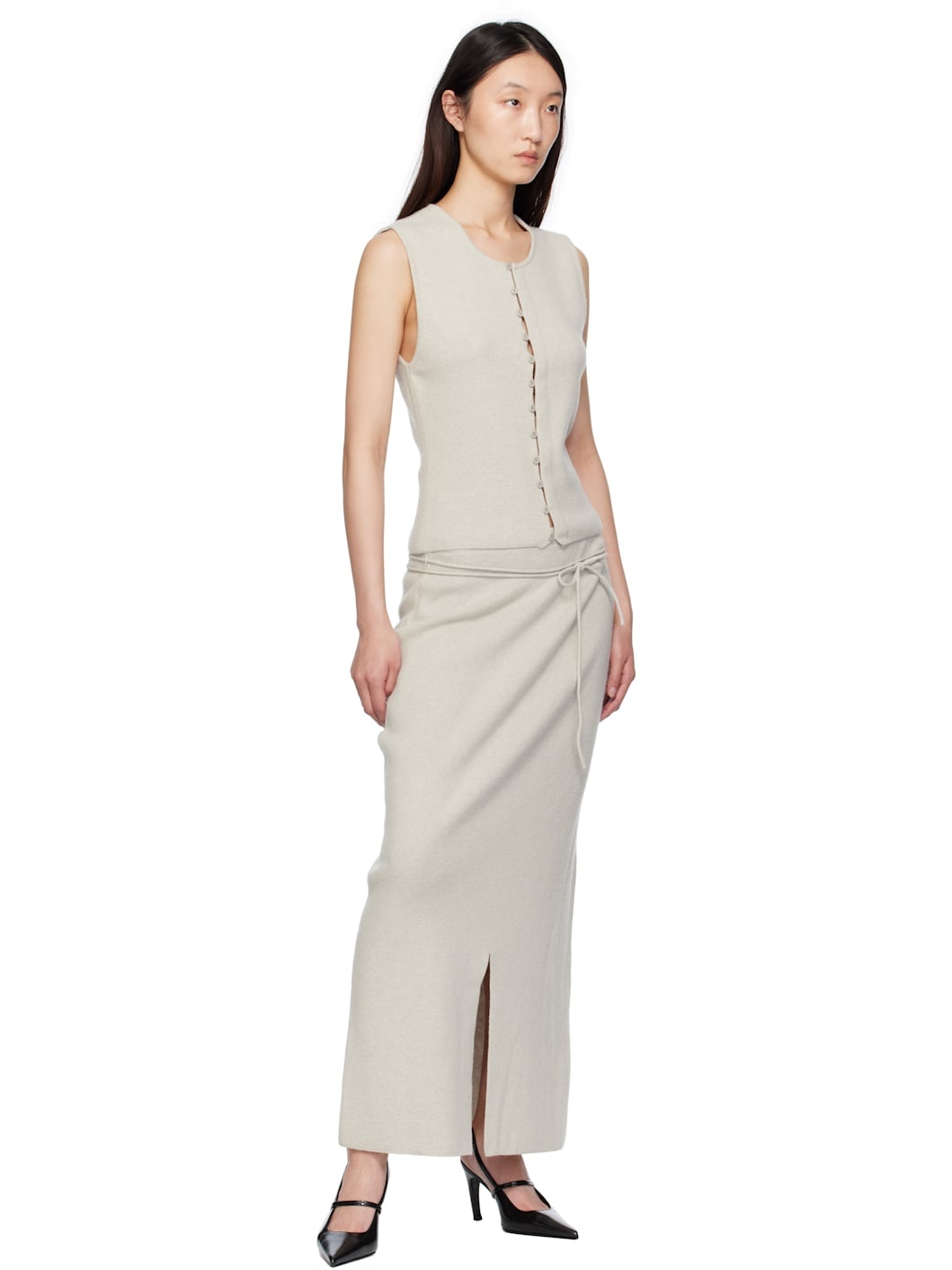 Gray String Straight Knit Maxi Skirt - 4