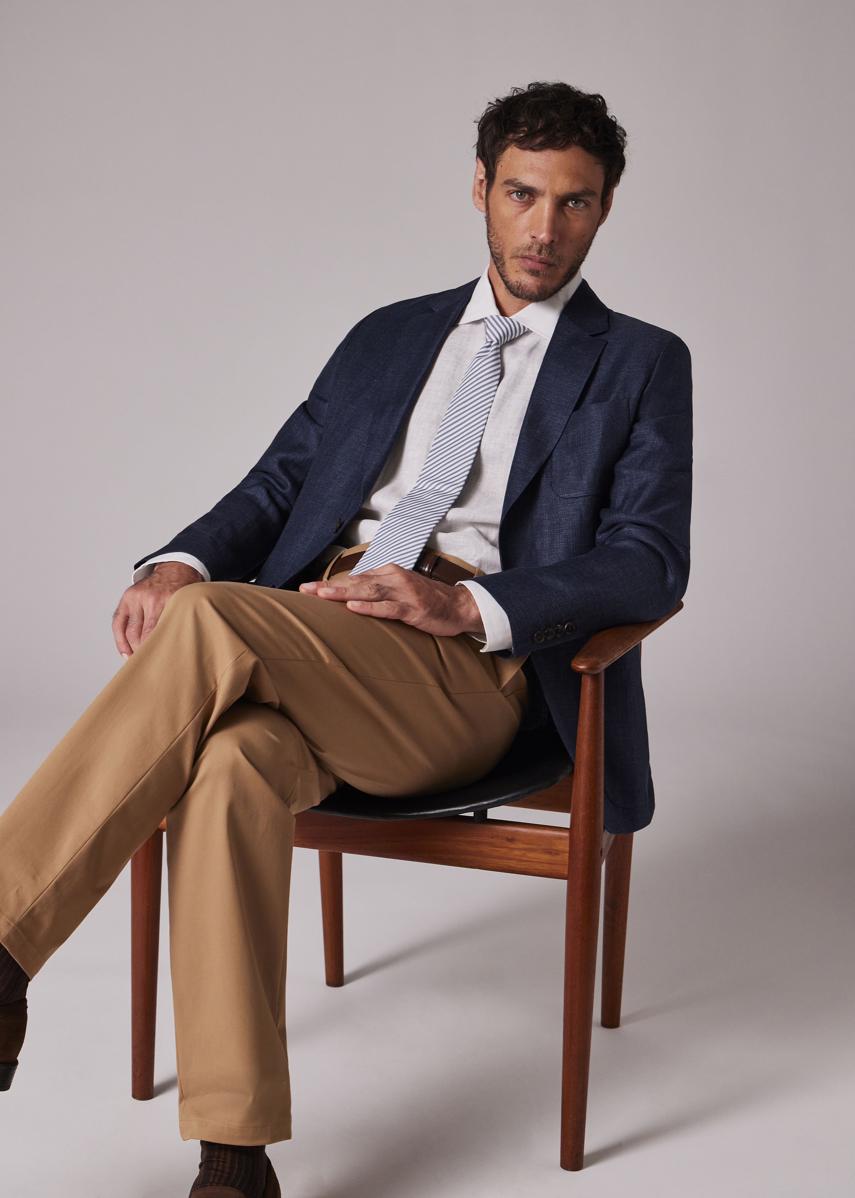 Navy Blue Wool-Linen Unlined Blazer - 6