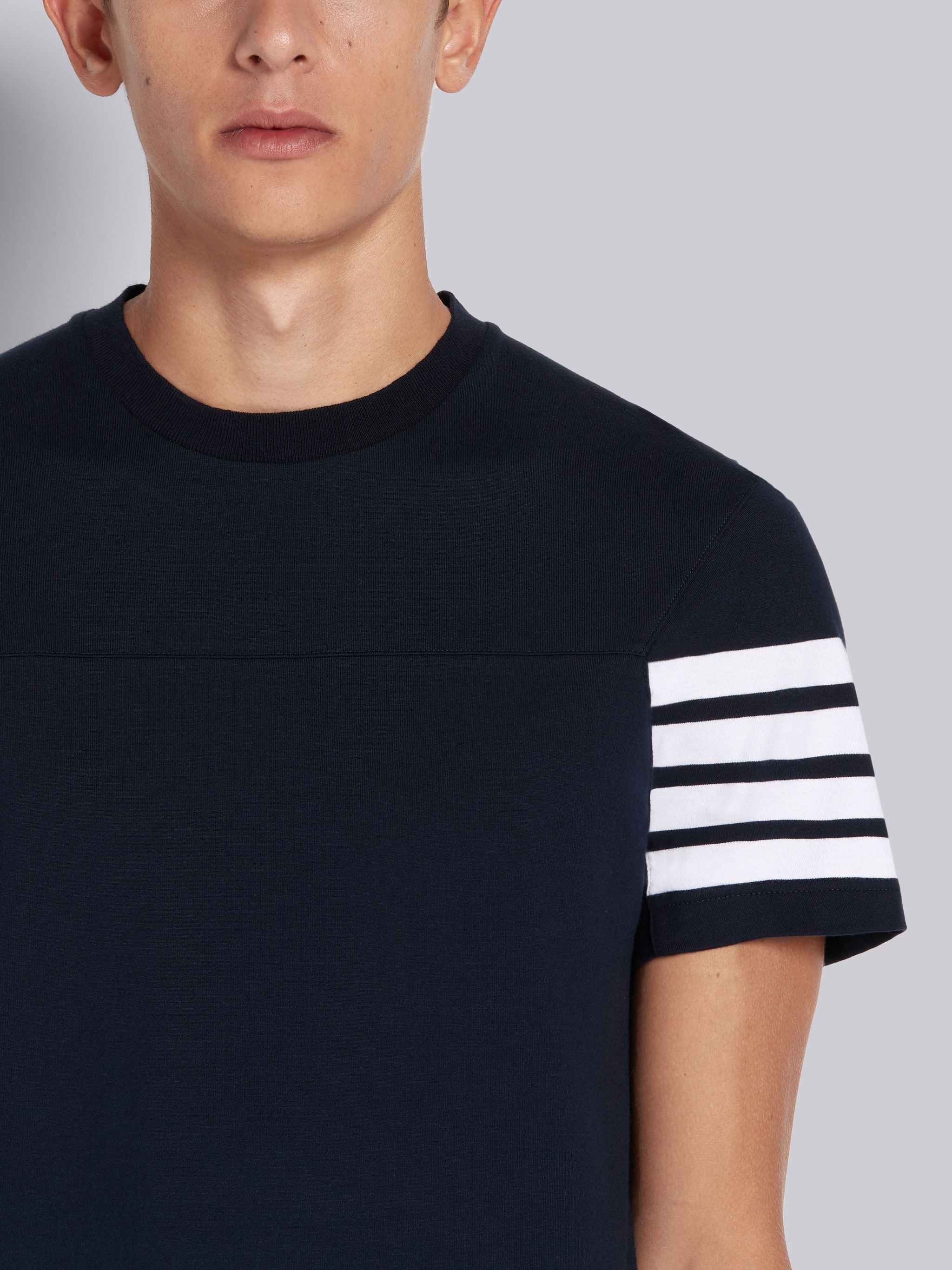 Navy Cotton Jersey 4-Bar Short Sleeve Yoke Seam Tee - 5