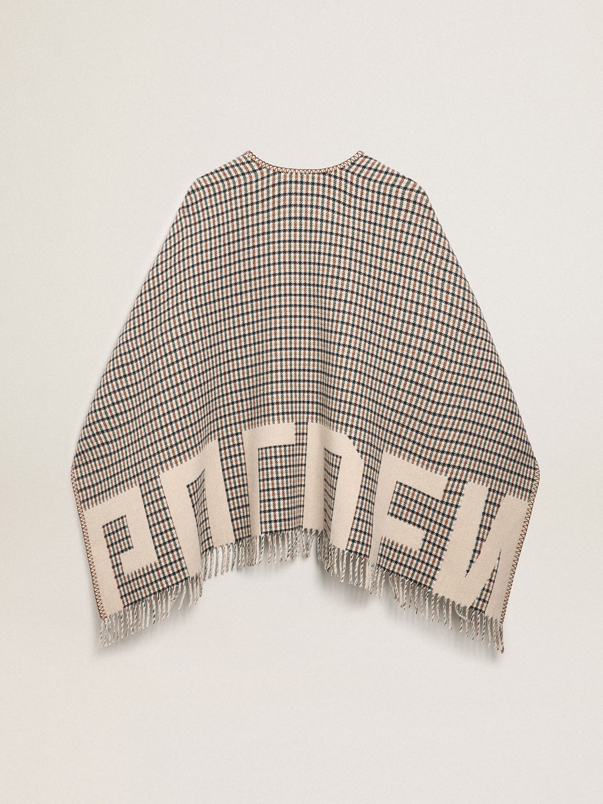 Poncho in double face cream-colored wool with check pattern and lettering - 7