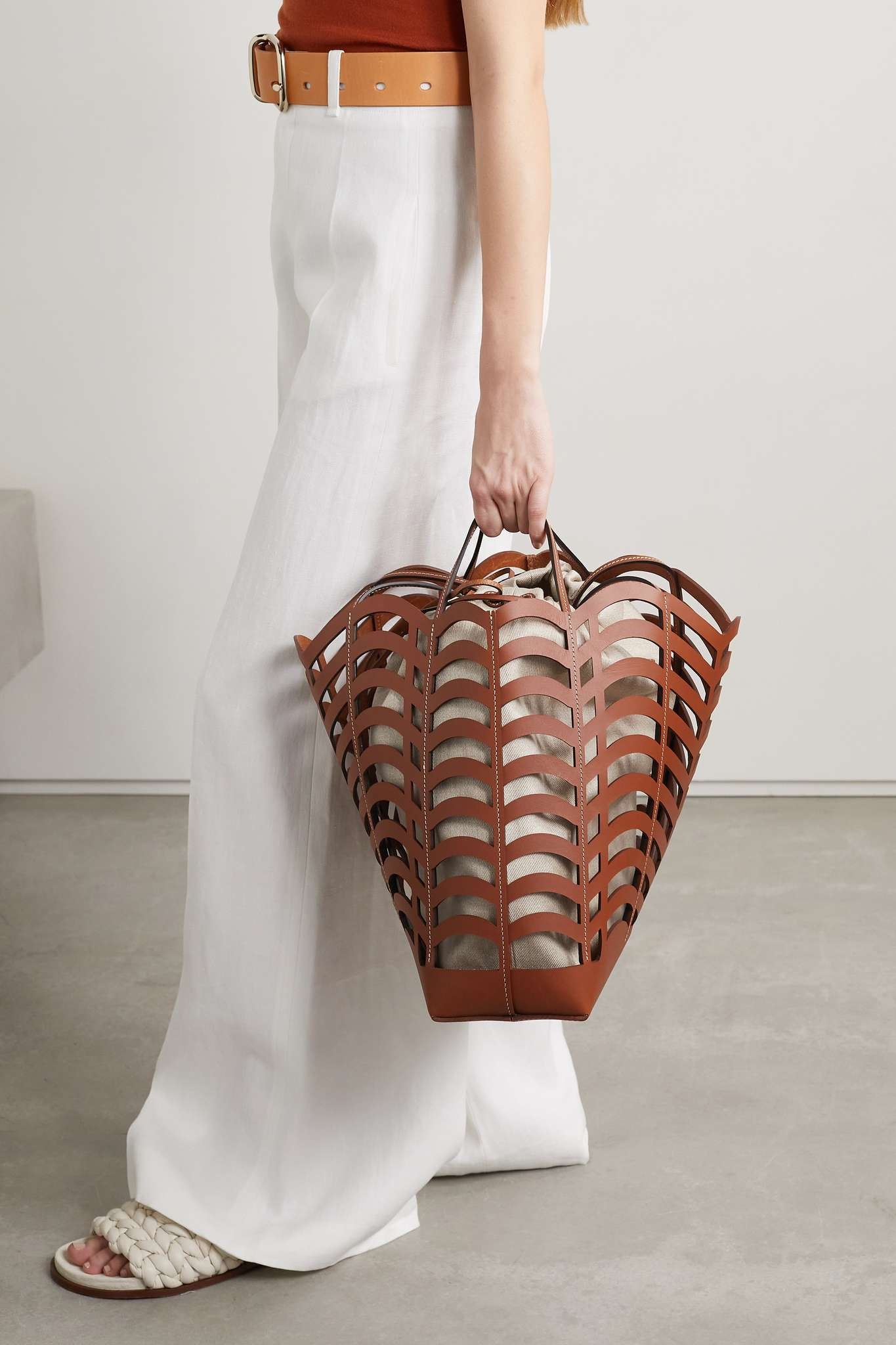 Kayan cutout leather and linen tote - 6