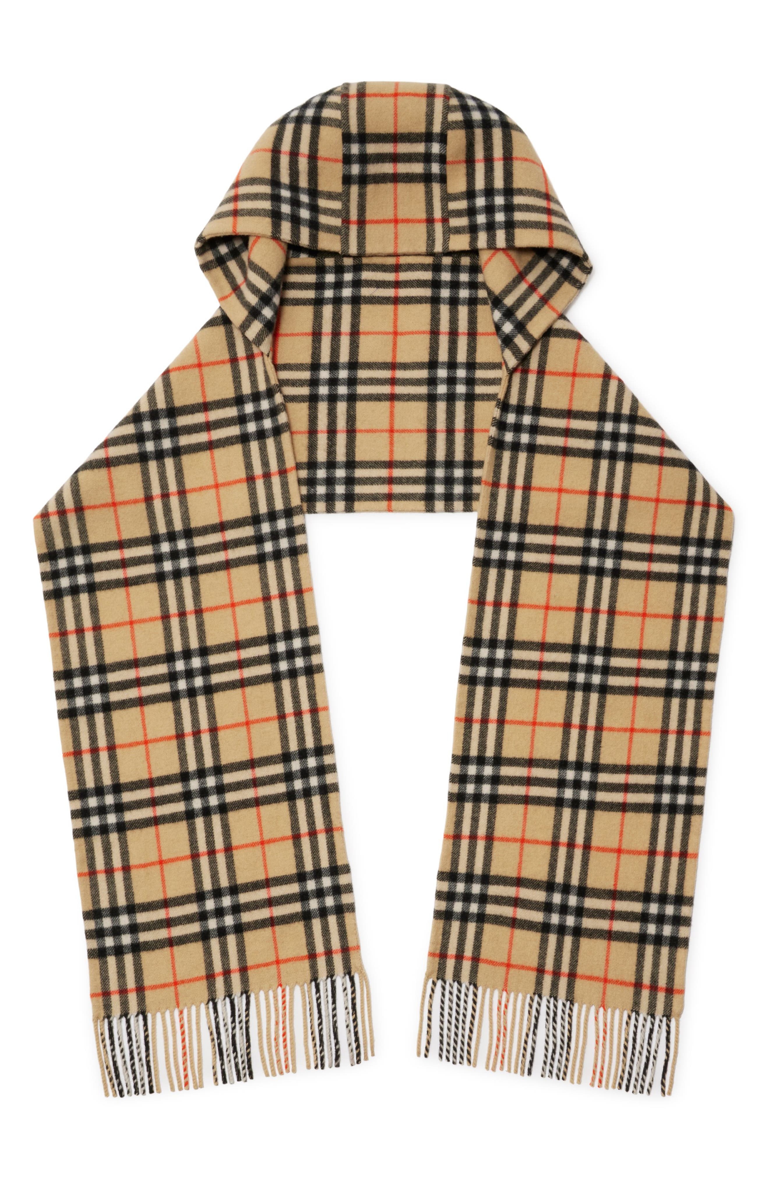burberry Check Hooded Cashmere Fringe Scarf in Sand at Nordstrom - 1