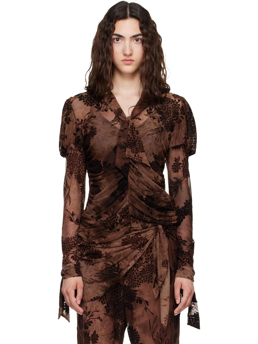 Brown Dahlia Tulle Knit Long Sleeve Blouse - 1