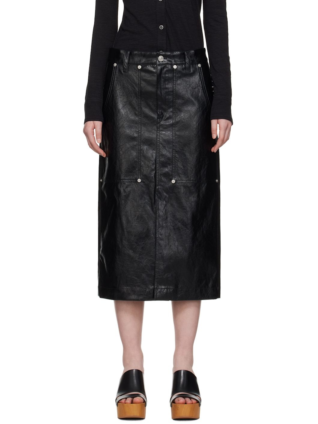 Black Angele Faux-Leather Midi Skirt - 1