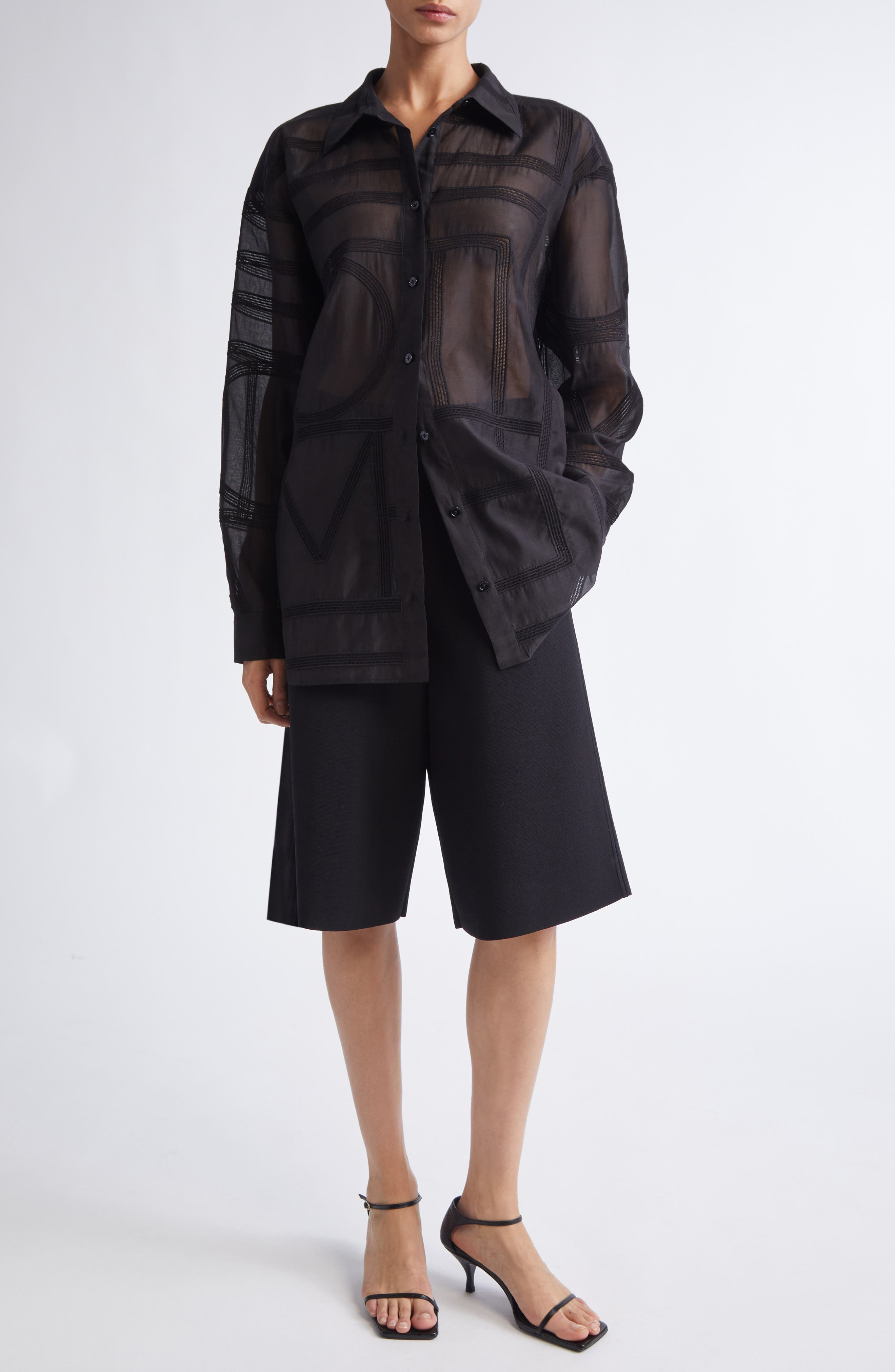 TOTEME Embroidered Organic Cotton & Silk Monogram Oversize Button-Up Shirt in Black at Nordstrom - 2