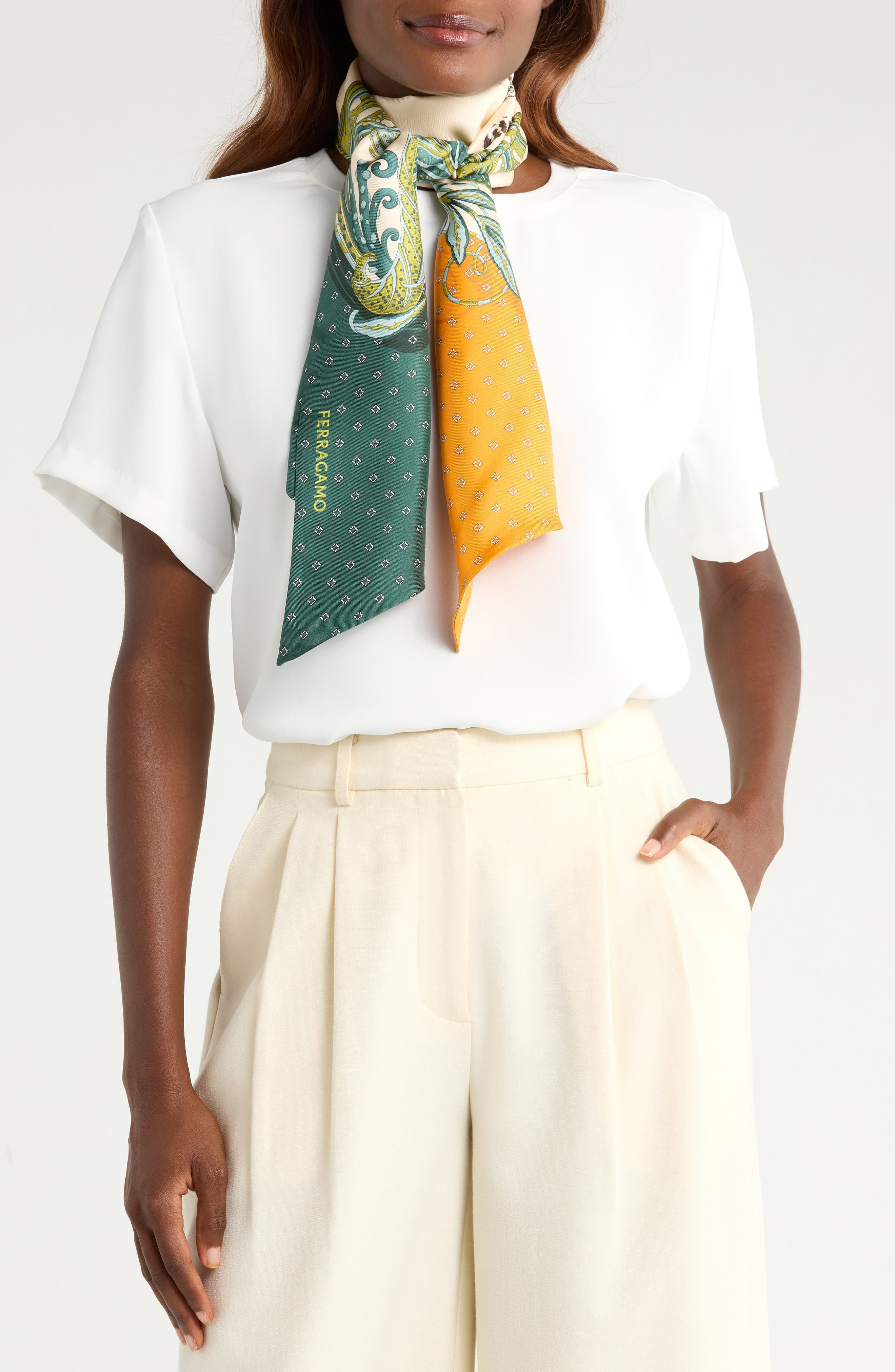 FERRAGAMO Madras 2 Silk Twill Skinny Scarf in Verde Oro at Nordstrom - 2