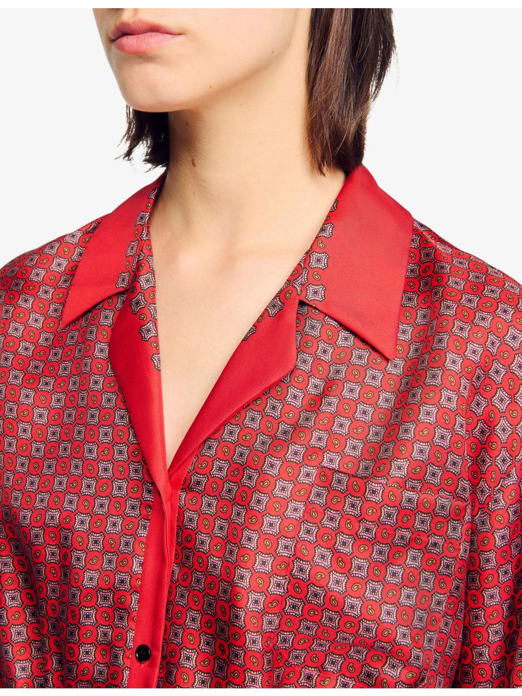 Scarf-Print V-Neck Cropped Woven Shirt - 5
