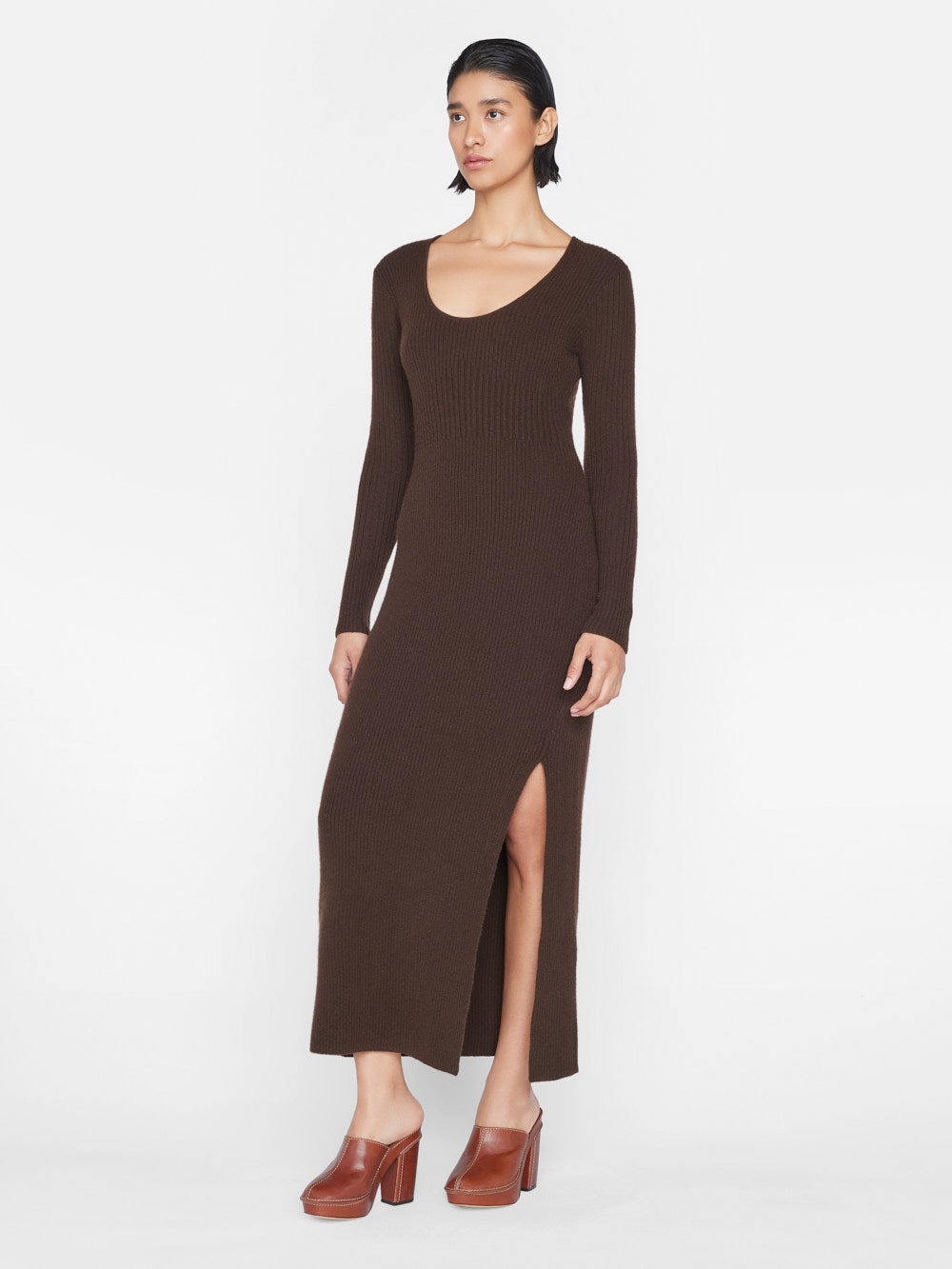 Ribbed Cashmere U-Neck Dress in Espresso - 7