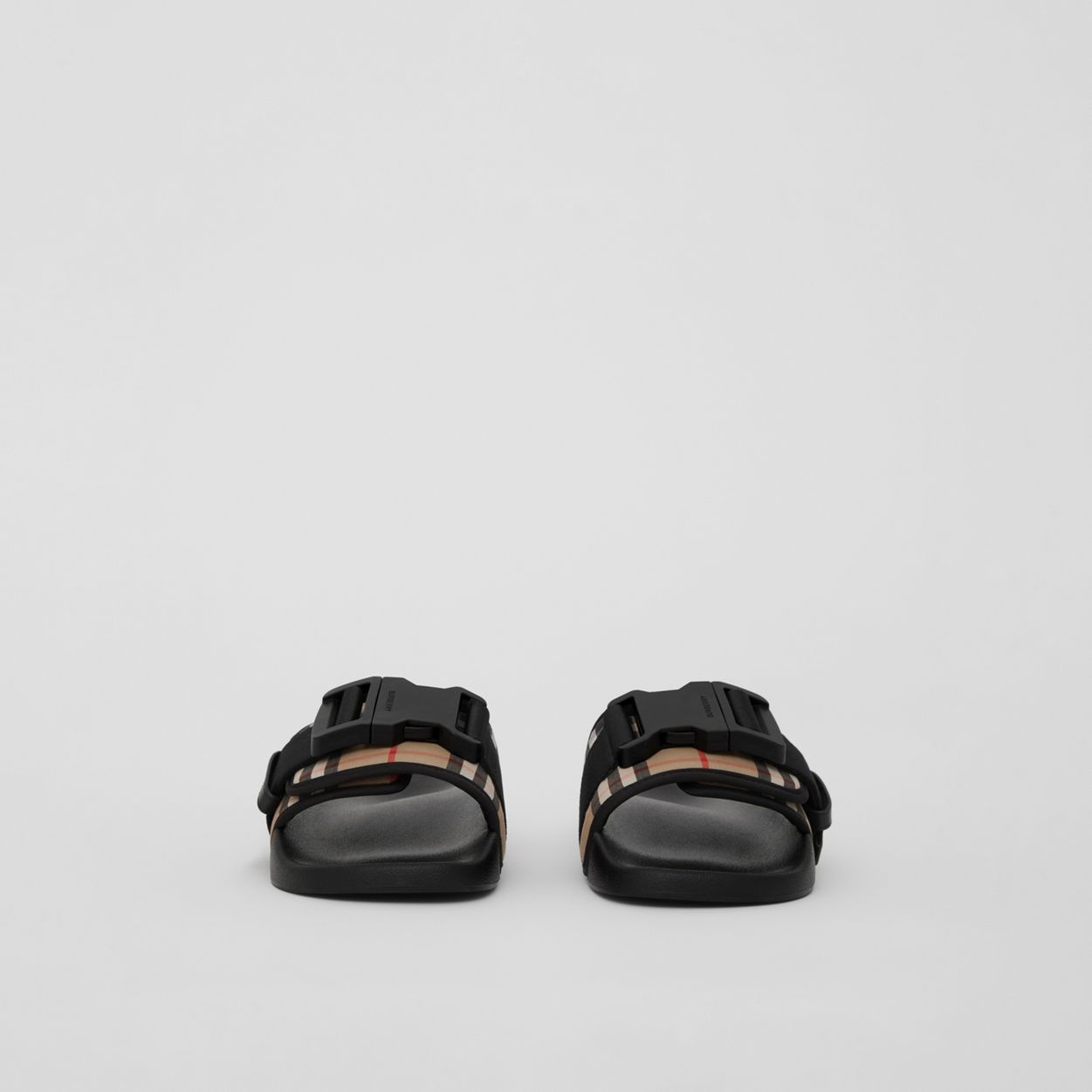 Buckled Strap Vintage Check Cotton Slides - 4