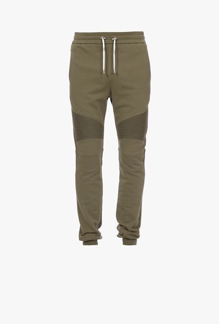 Olive green sustainable cotton sweatpants with white Balmain Paris logo - 1