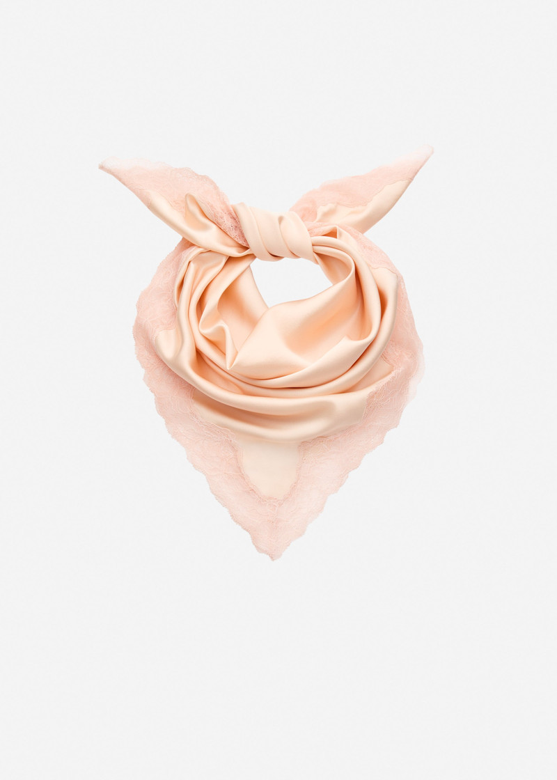 Silk square scarf with lace trim in peach 1