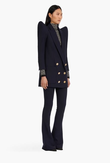 Long double-breasted navy blue wool blazer - 7