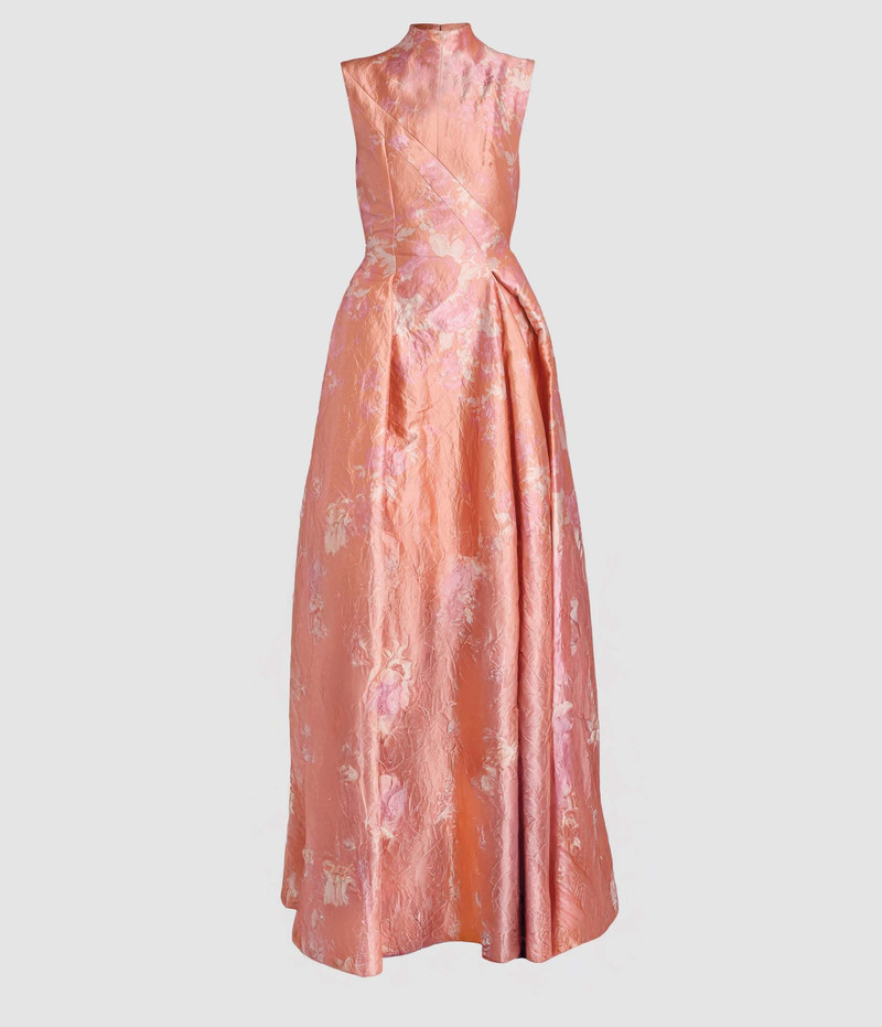 FLORAL PRINT TEXTURED SATIN HOURGLASS GOWN 1