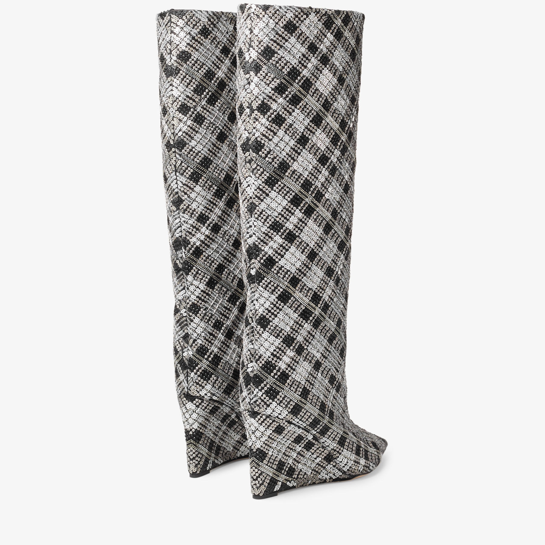 Blake Knee Boot 85
Black Satin Knee-High Boots with Beaded Tartan - 6