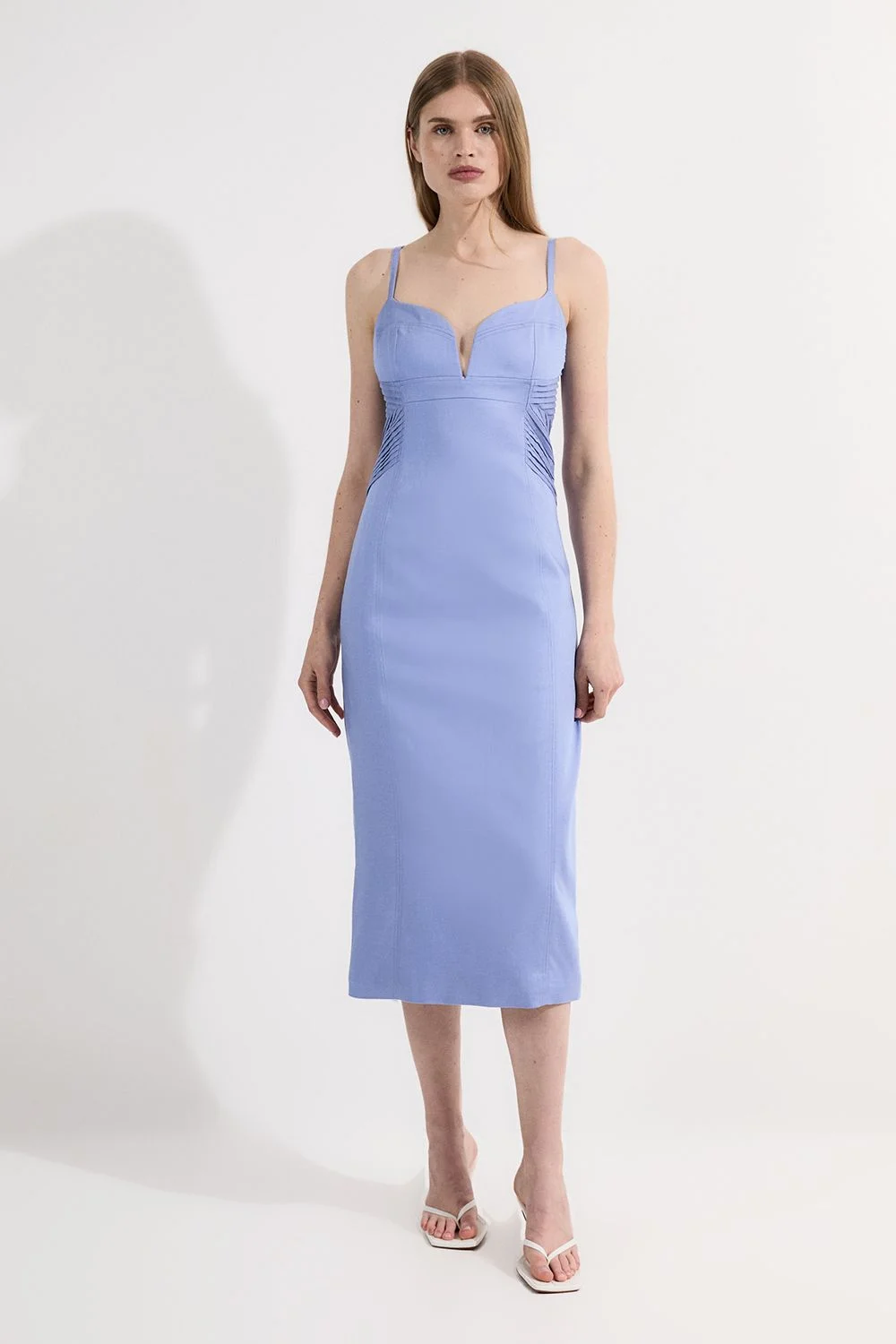 Petite Premium Linen Pintuck Detail Pencil Tailored Midi Dress - 1