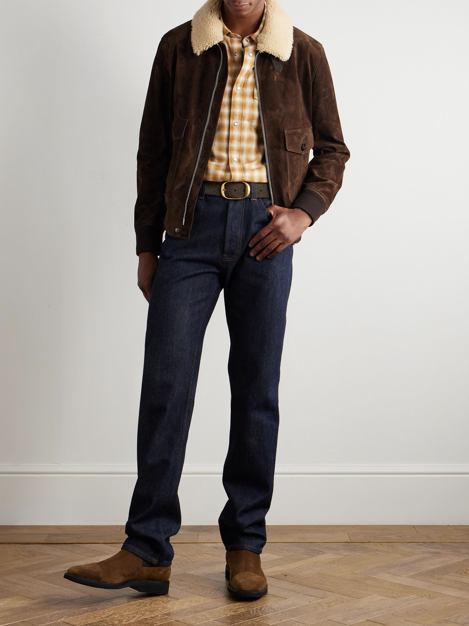 Shearling-Trimmed Suede Jacket Brown - 2