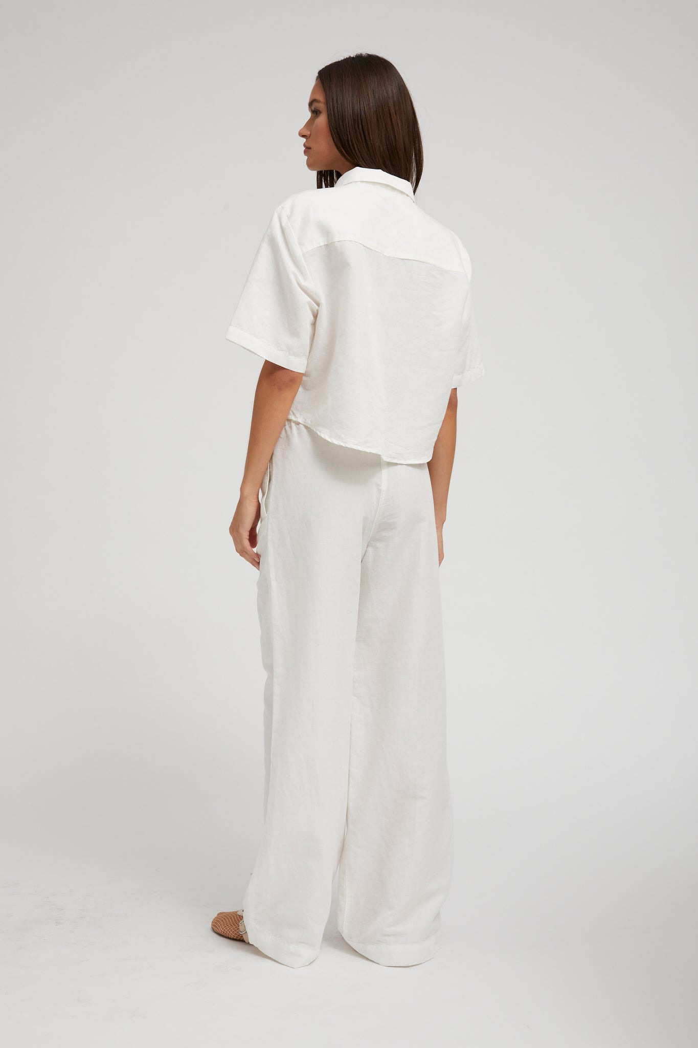 WHITE LINEN CROPPED OVERSIZED HENLEY SHIRT - 5