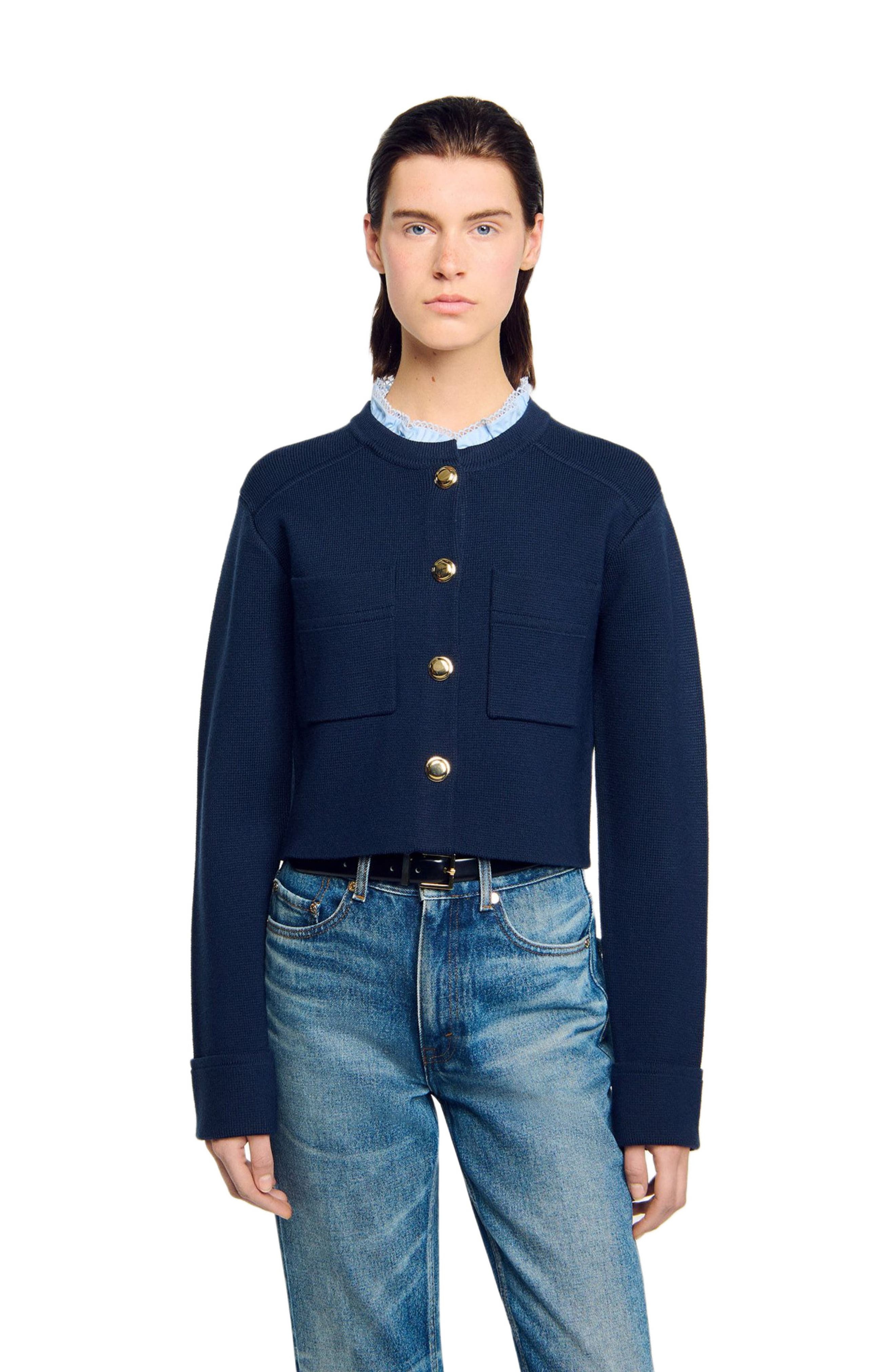 SANDRO Cardigan with ruffle collar in Navy Blue at Nordstrom - 3