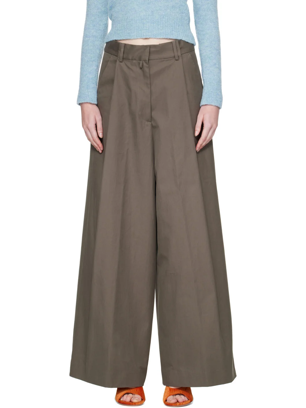 Khaki Wide Pleated Cotton Trousers - 1