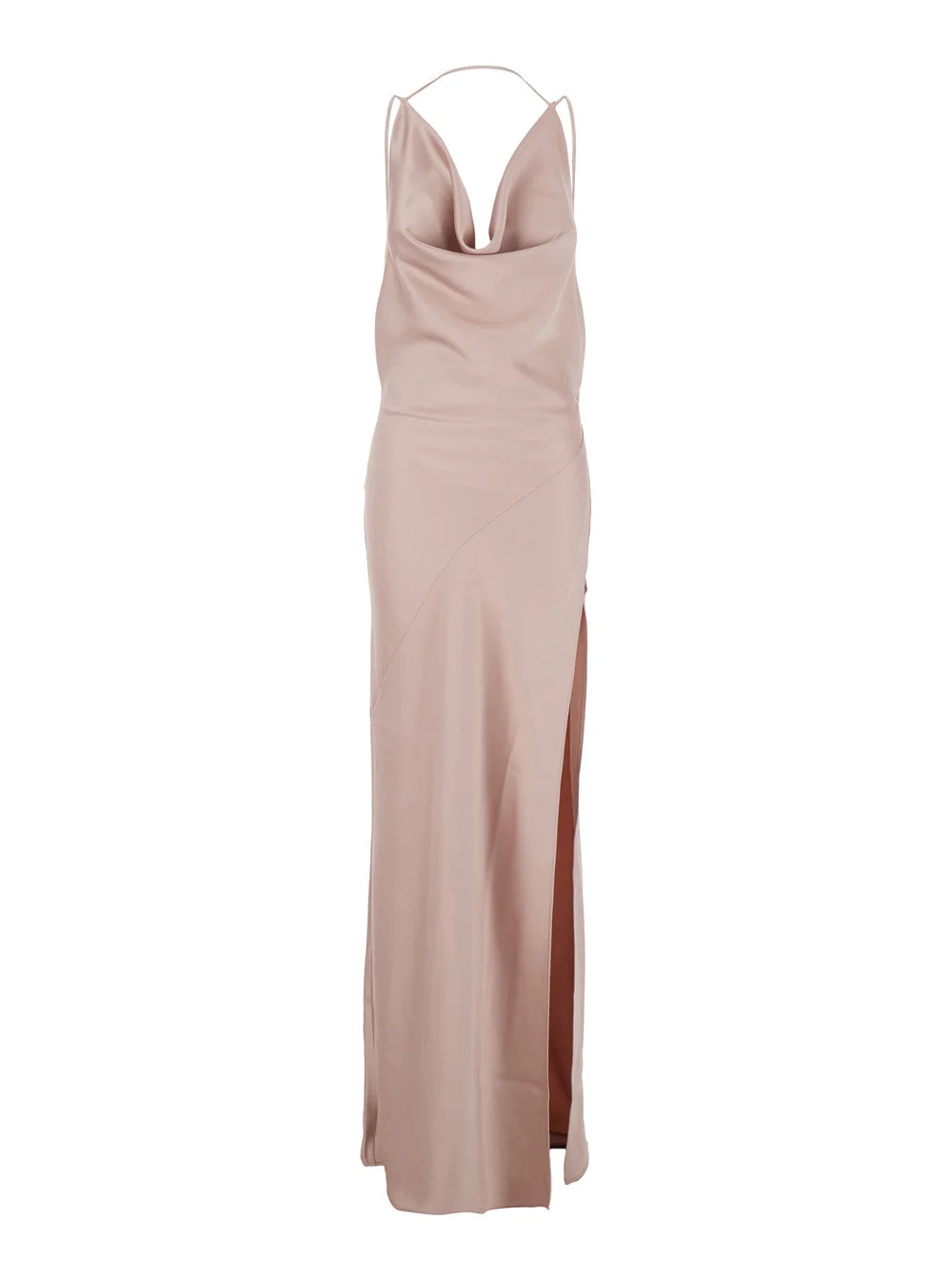 Long Dress Vera With Draped Neckline And Front Vent Pink Fabric For Women - 1