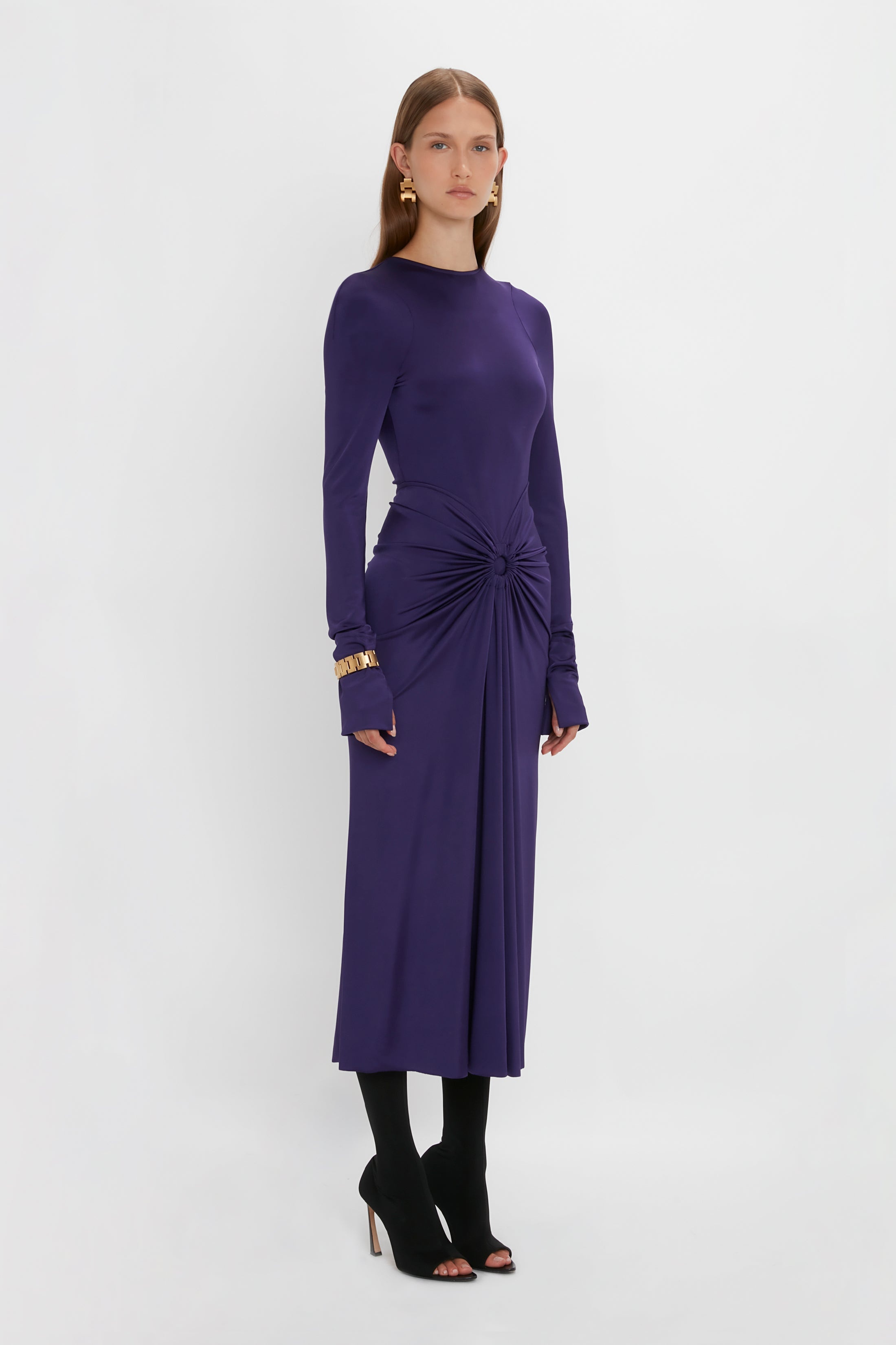 Long Sleeve Gathered Midi Dress In Ultraviolet - 3