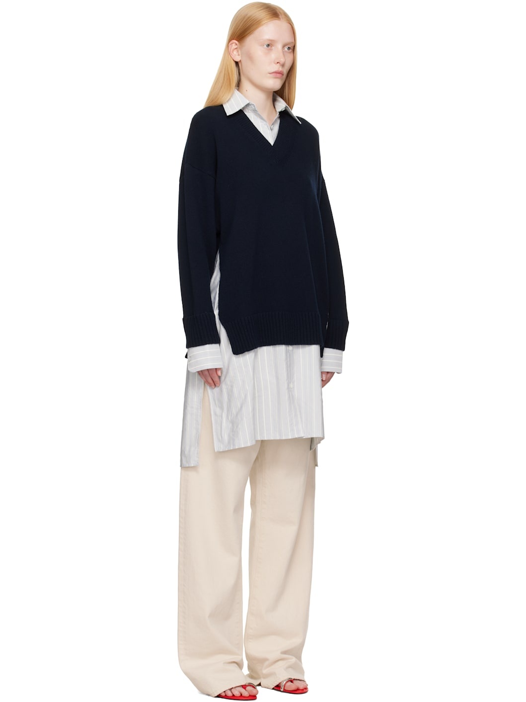 Navy Crewneck Jumper Shirt Midi Dress - 2
