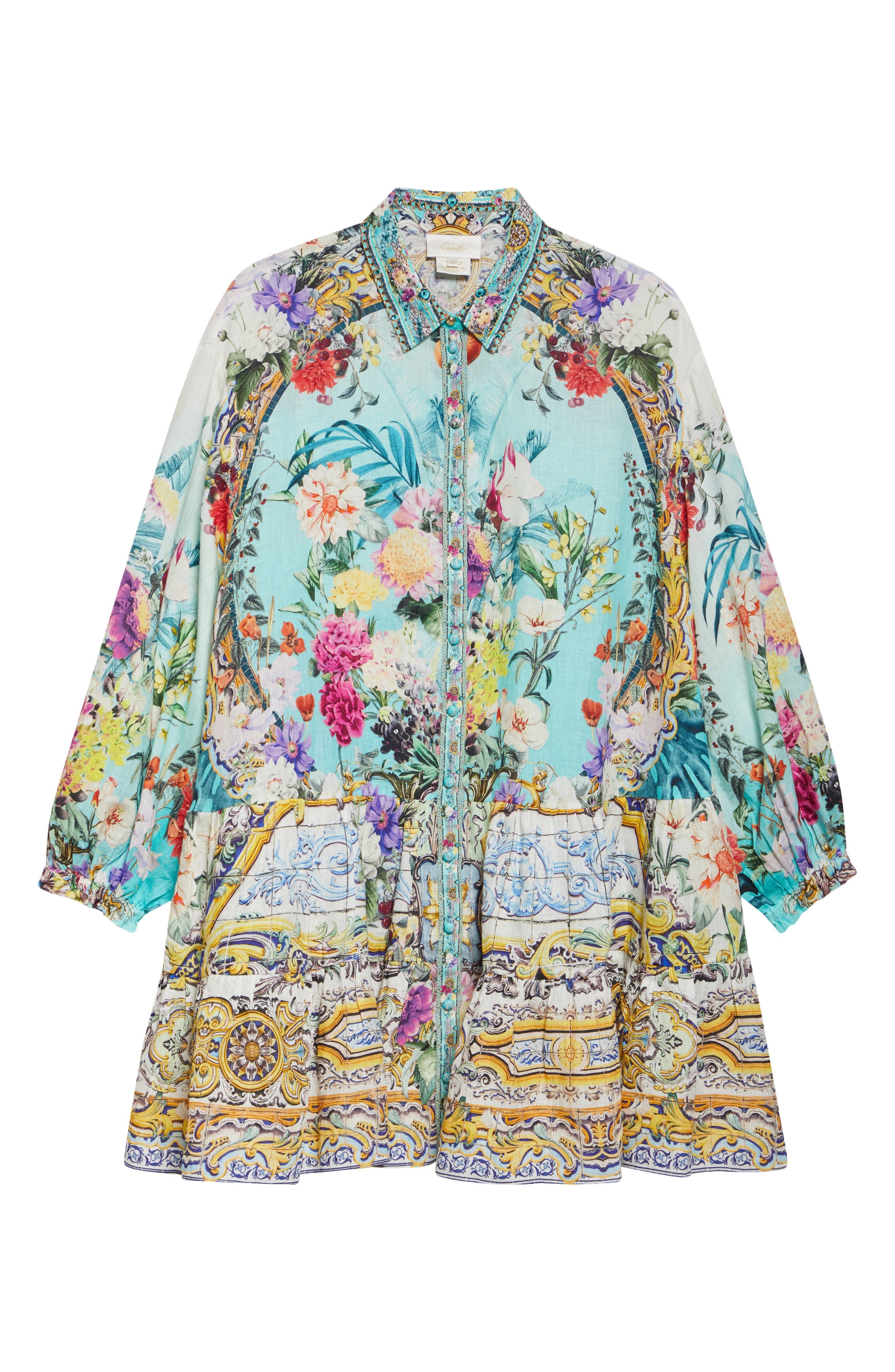 Camilla Tiered Long Sleeve Linen Shirtdress in Gardens Of Queluz at Nordstrom - 5