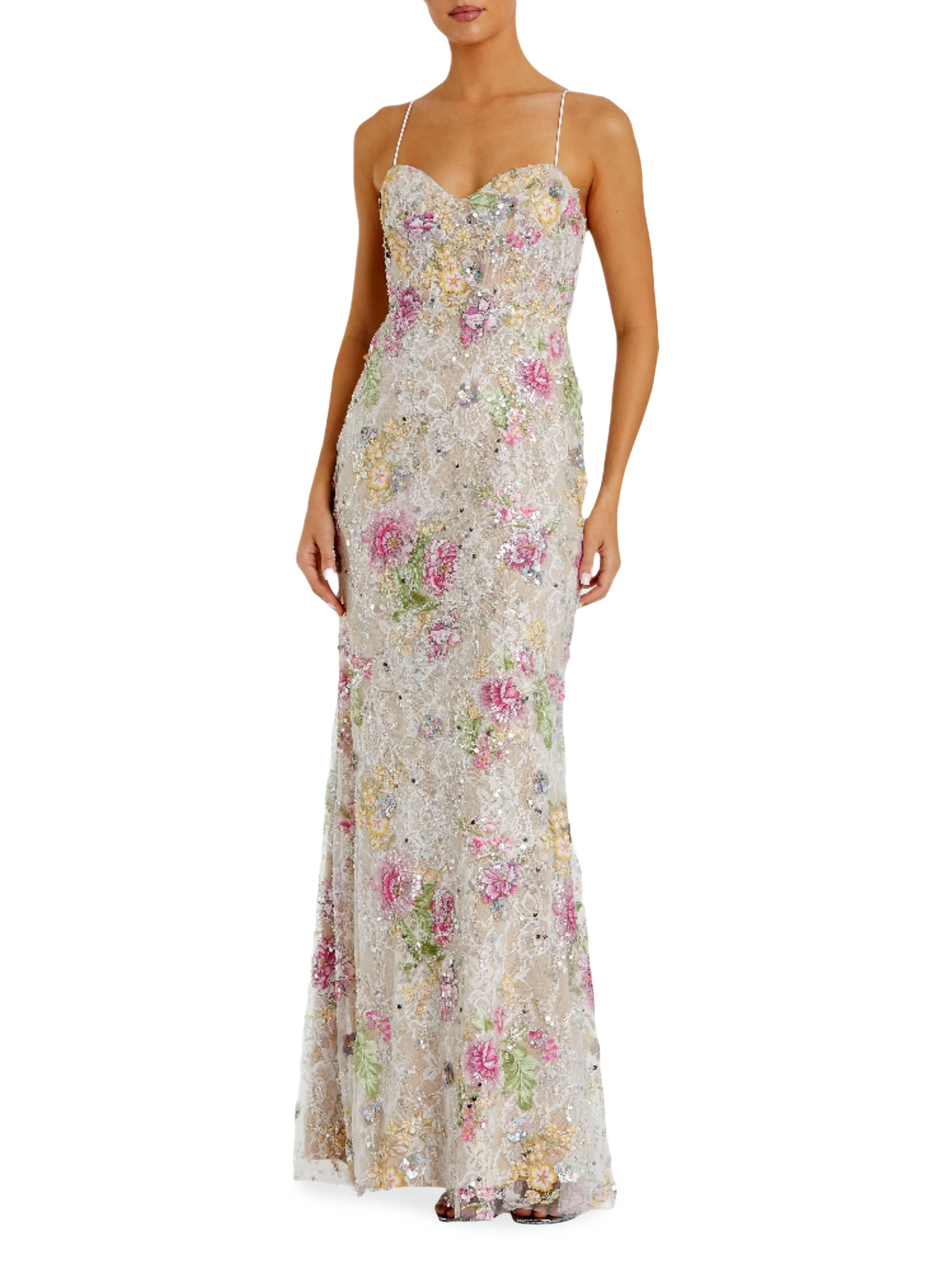 Women's Prom Floral Sequined Bustier Gown - Ivory Multi - 1