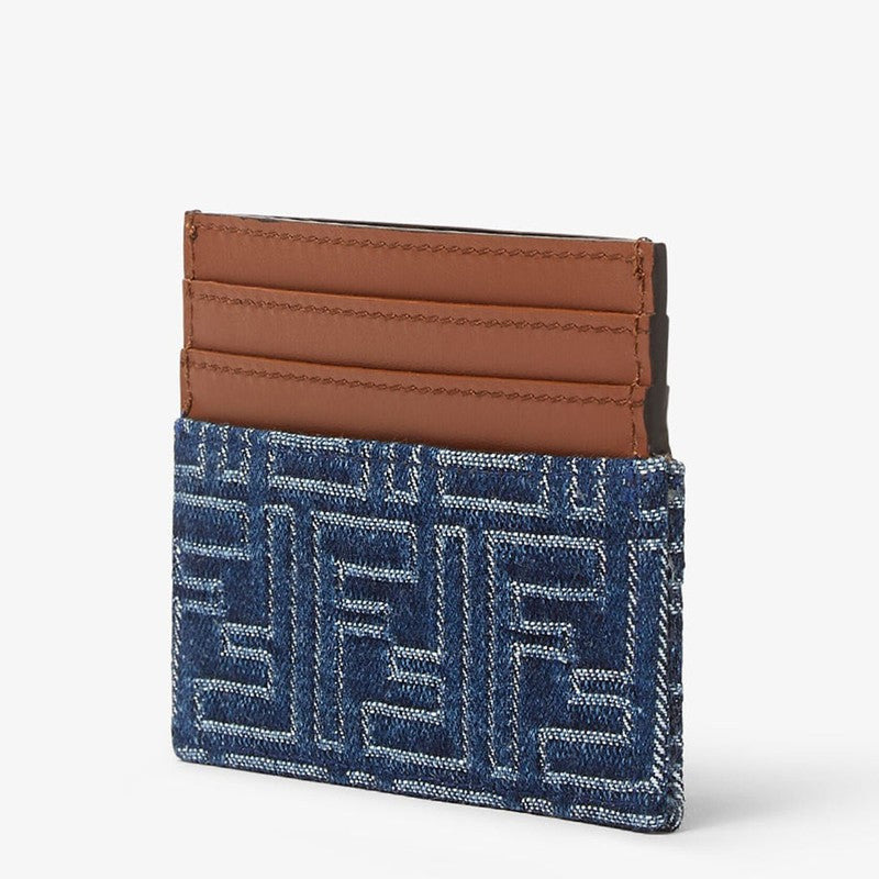 Fendi Blue Denim Effect Ff Jacquard Card Holder And Brown Leather Men - 2