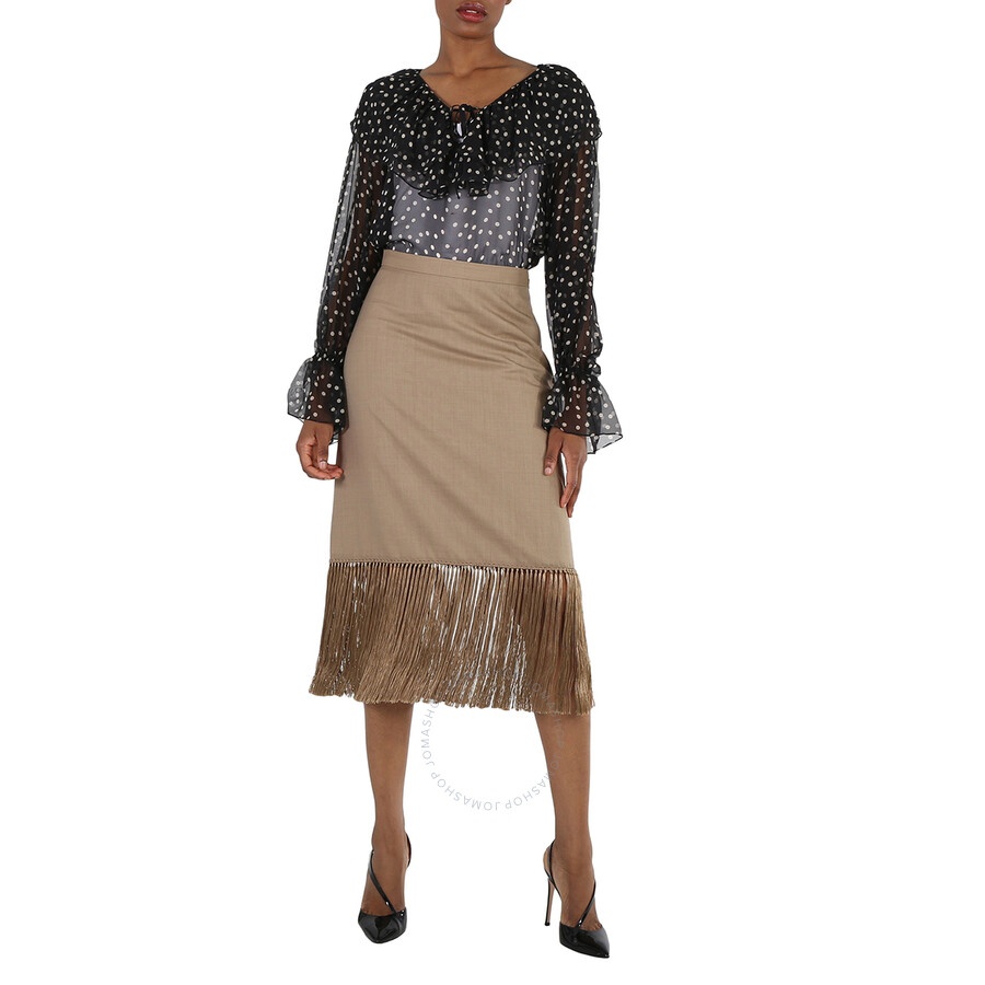 Burberry Ladies Pecan Melange High-waist Fring-hem Wool And Cashmere Skirt - 6