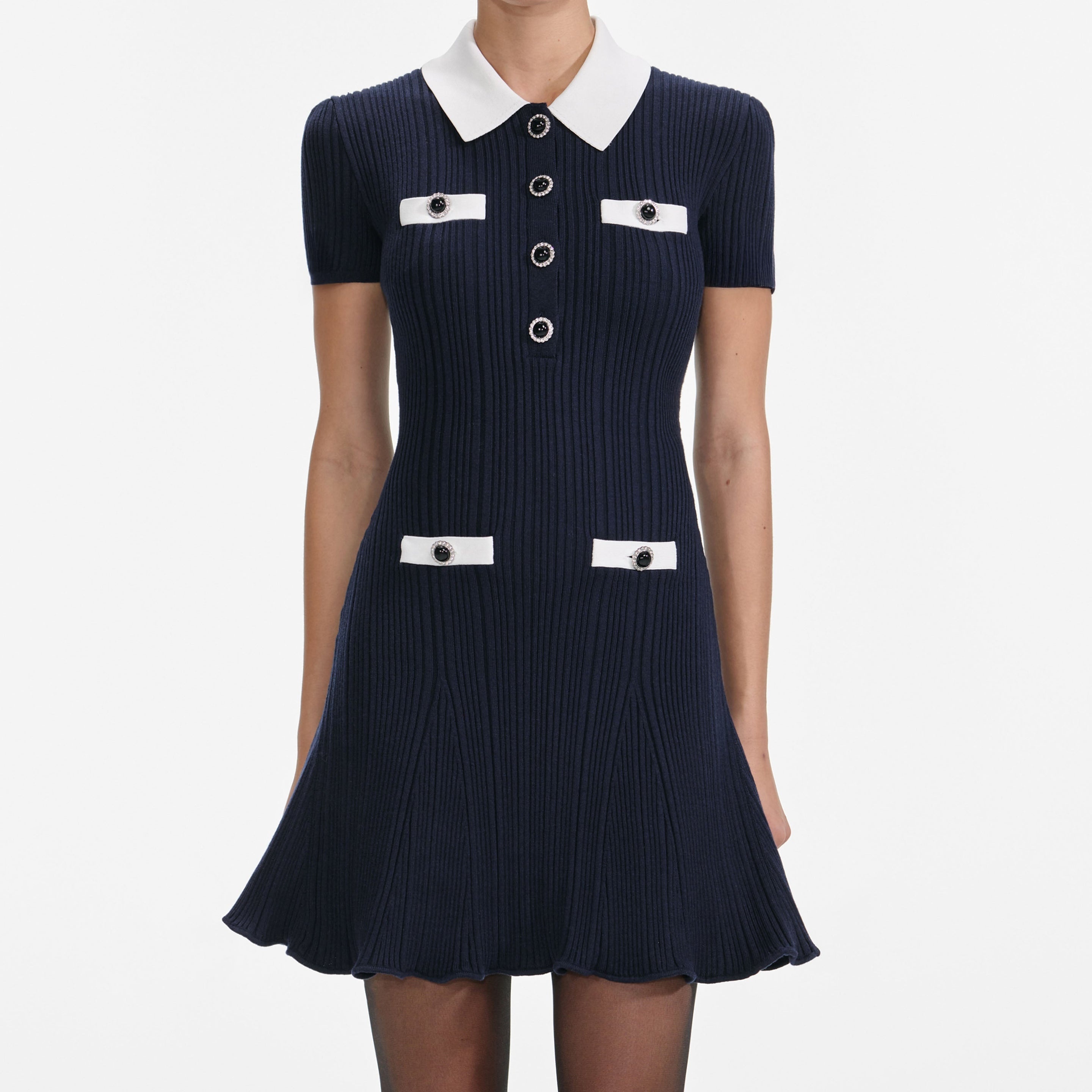 Navy Contrast Collar Knit Mini Dress - 4