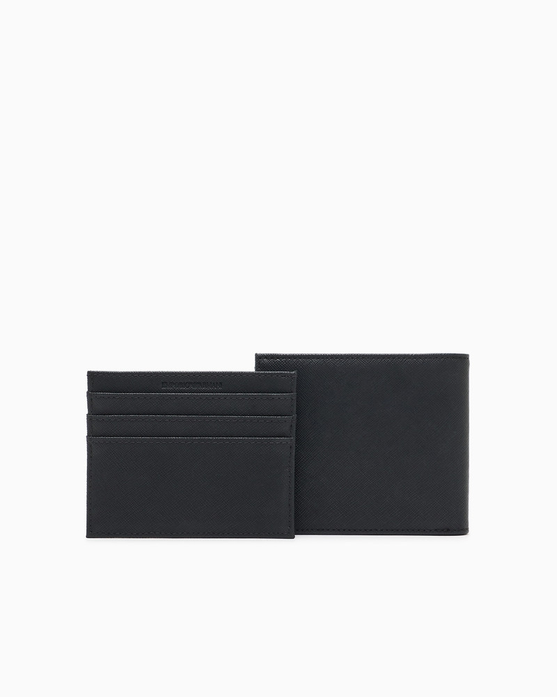 EMPORIO ARMANI ASV gift box containing regenerated Saffiano leather wallet and card holder with eagle plate outlook
