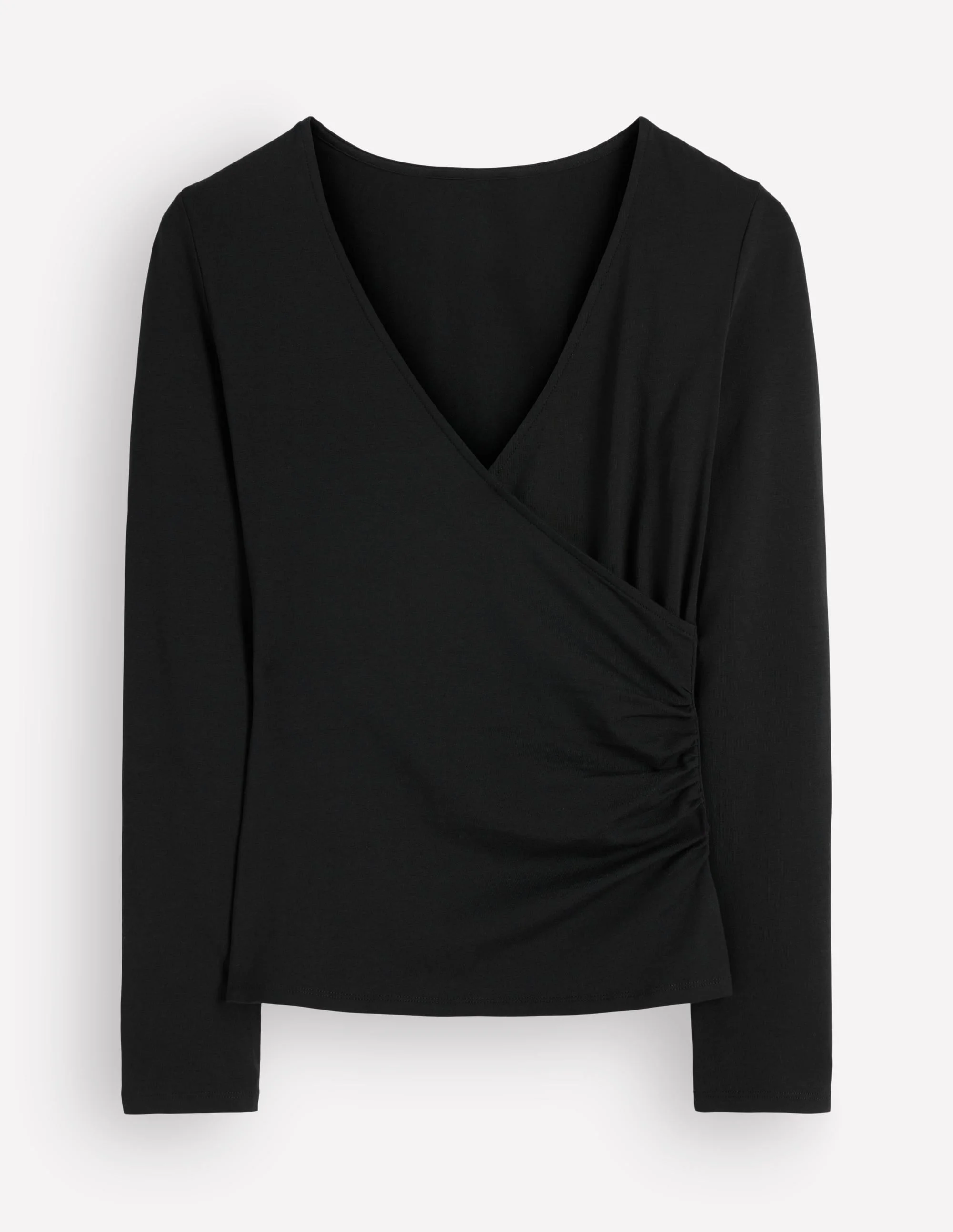 Ruched Long Sleeve Wrap Top-Black - 1
