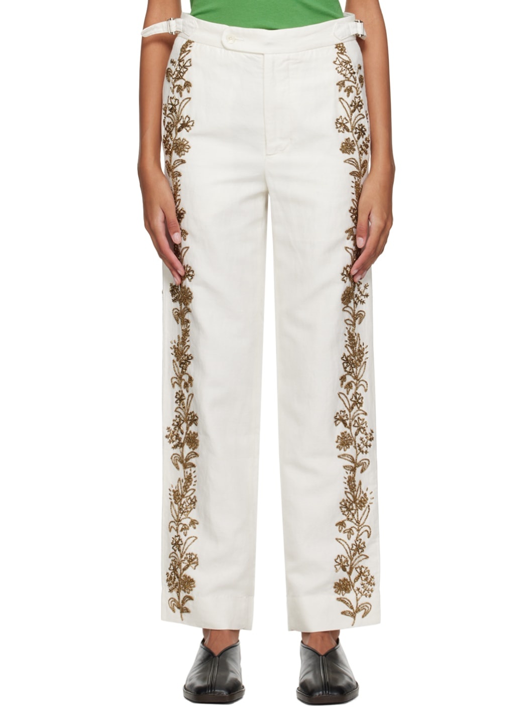 Off-White Beaded Wheat Flower Trousers - 1