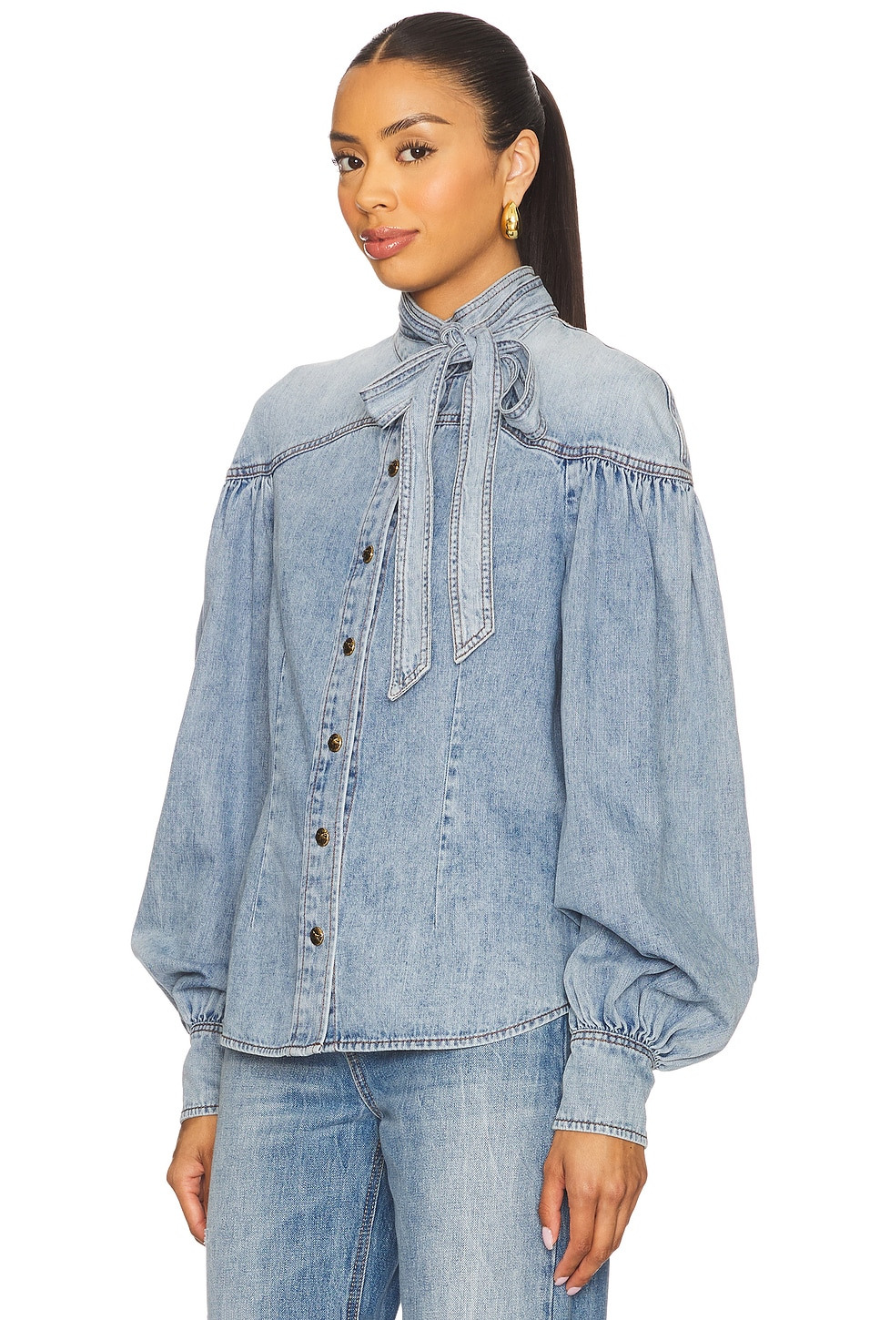 Denim Tie Neck Blouse - 2