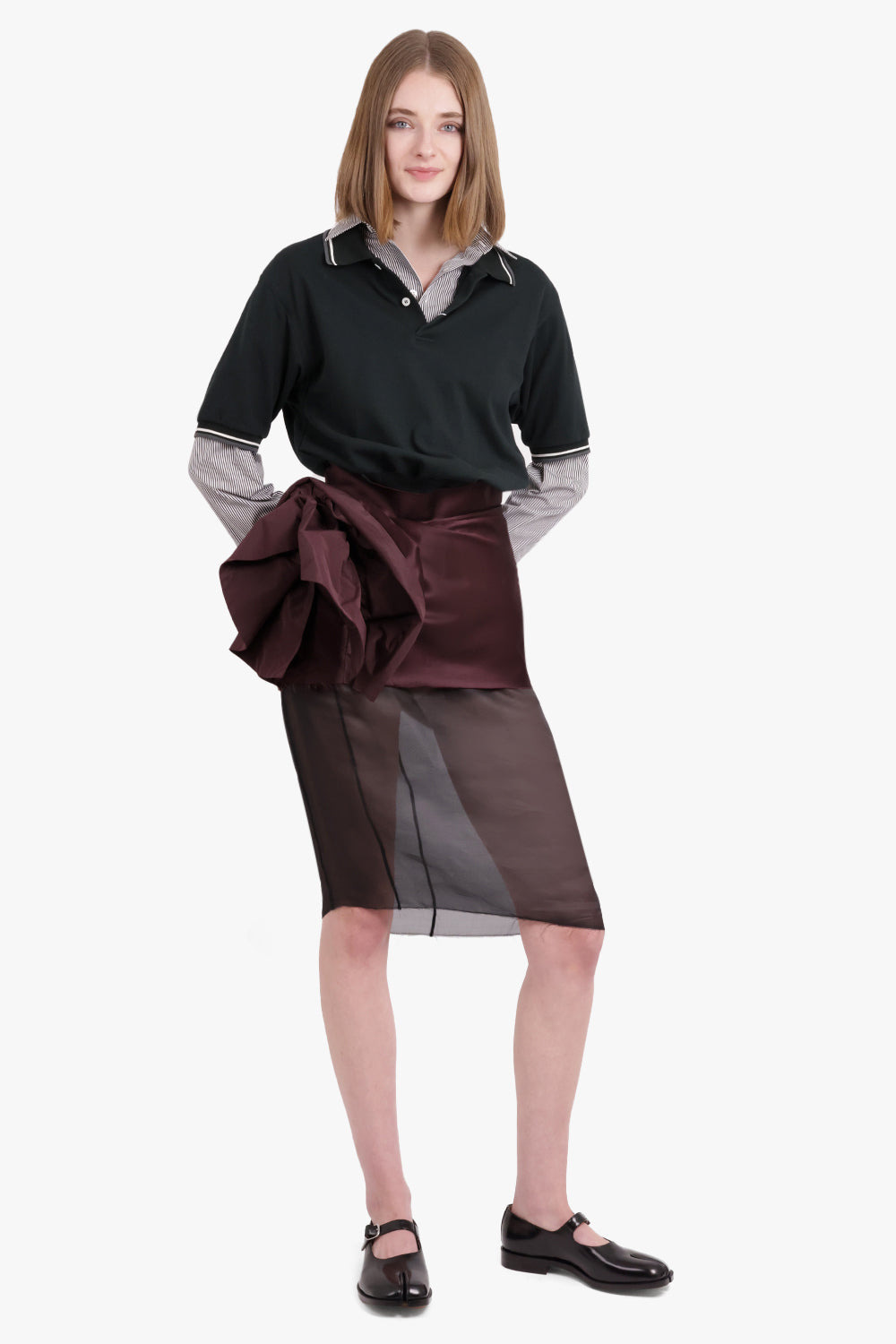 POLO X SHIRT L/S MIDI DRESS WITH RUCHED DETAIL SHEER SKIRT | GREEN/BURGUNDY - 2