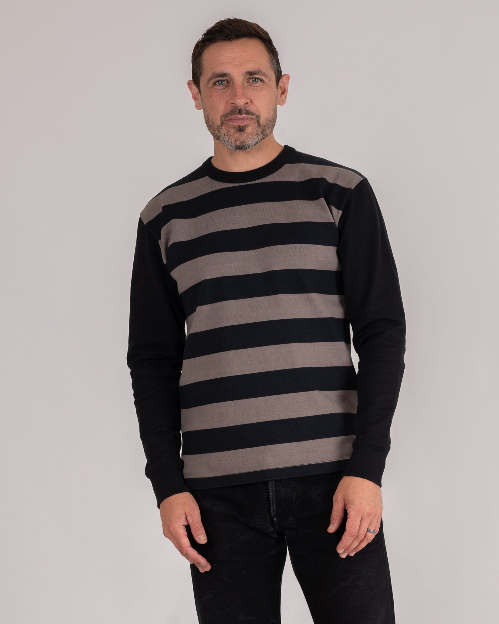 IHTB-05-GRY 11oz Cotton Knit Long-Sleeved Sweater - Striped Body with Black Arms - 2
