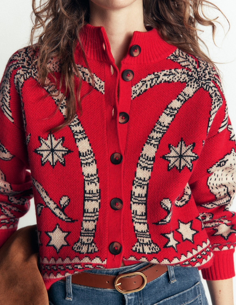 Jemma Jacquard Knit Cardigan-Merida Red Palm Tree - 1
