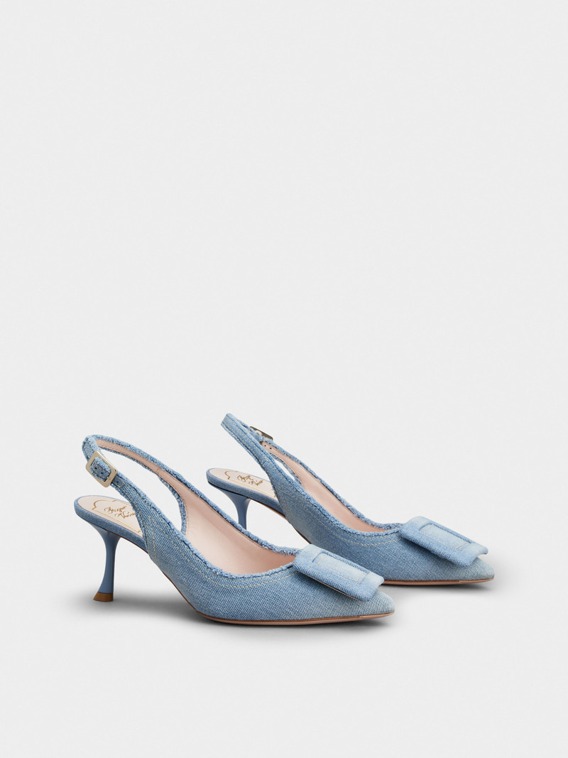 Roger Vivier Fringed Covered Buckle Slingback Pumps in Denim outlook