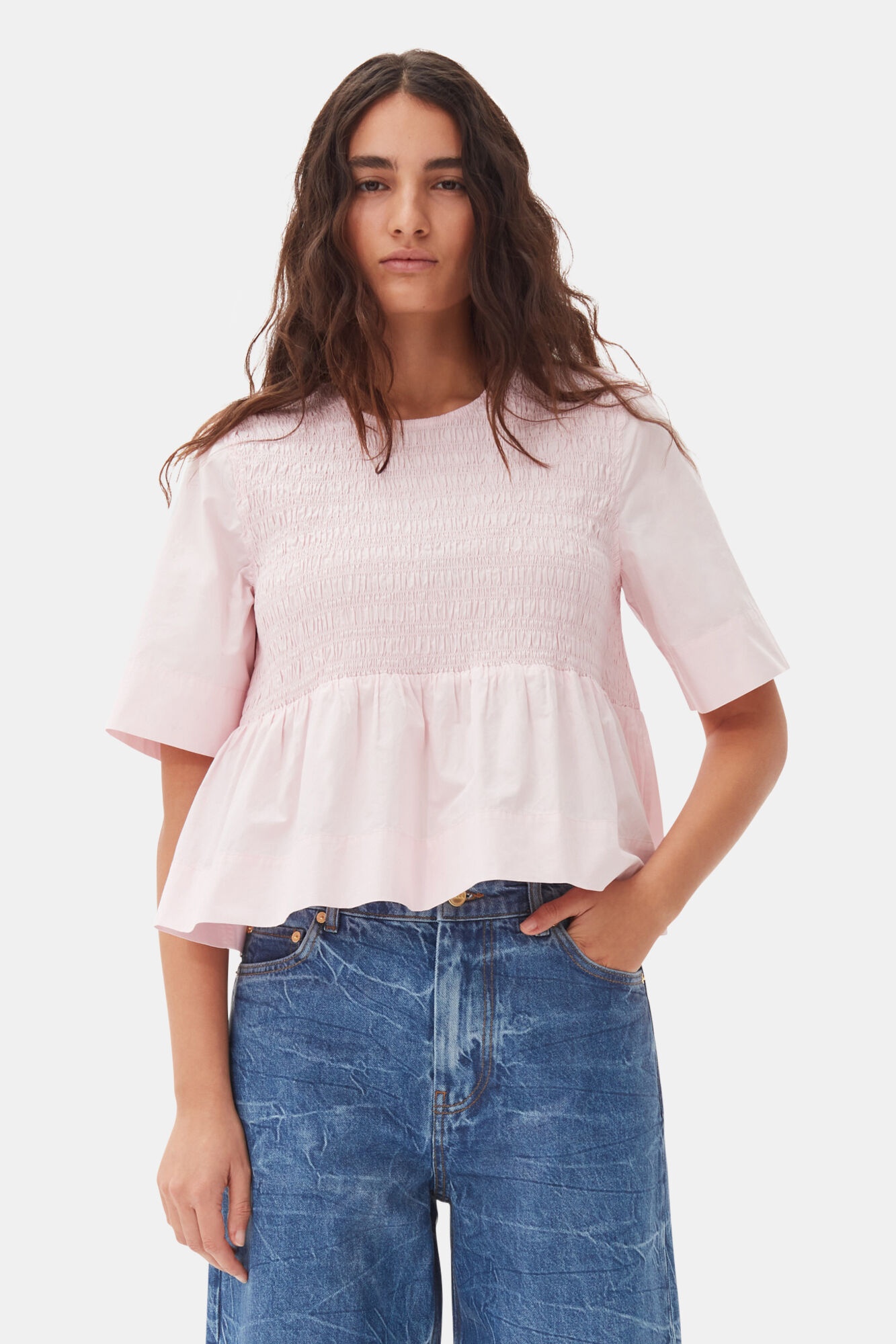 PINK COTTON POPLIN OPEN BACK SMOCK BLOUSE - 2
