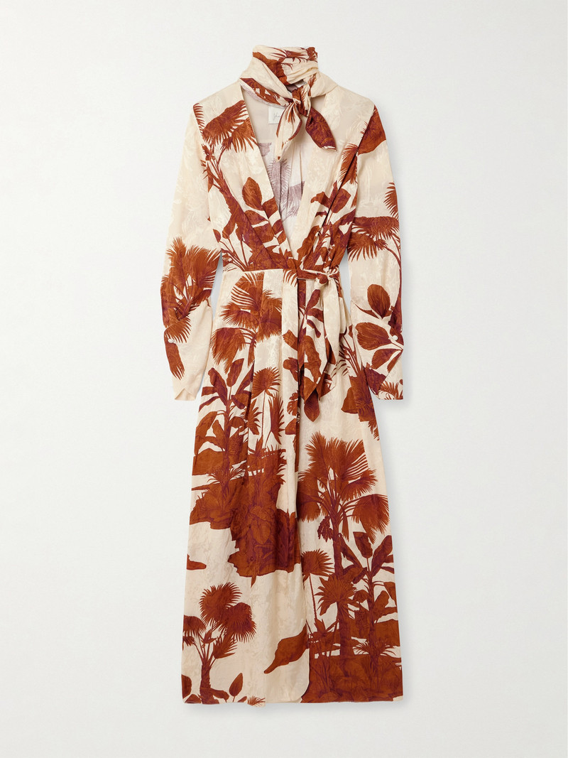 Unmooring Tie-detailed Printed Satin-jacquard Midi Wrap Dress 1
