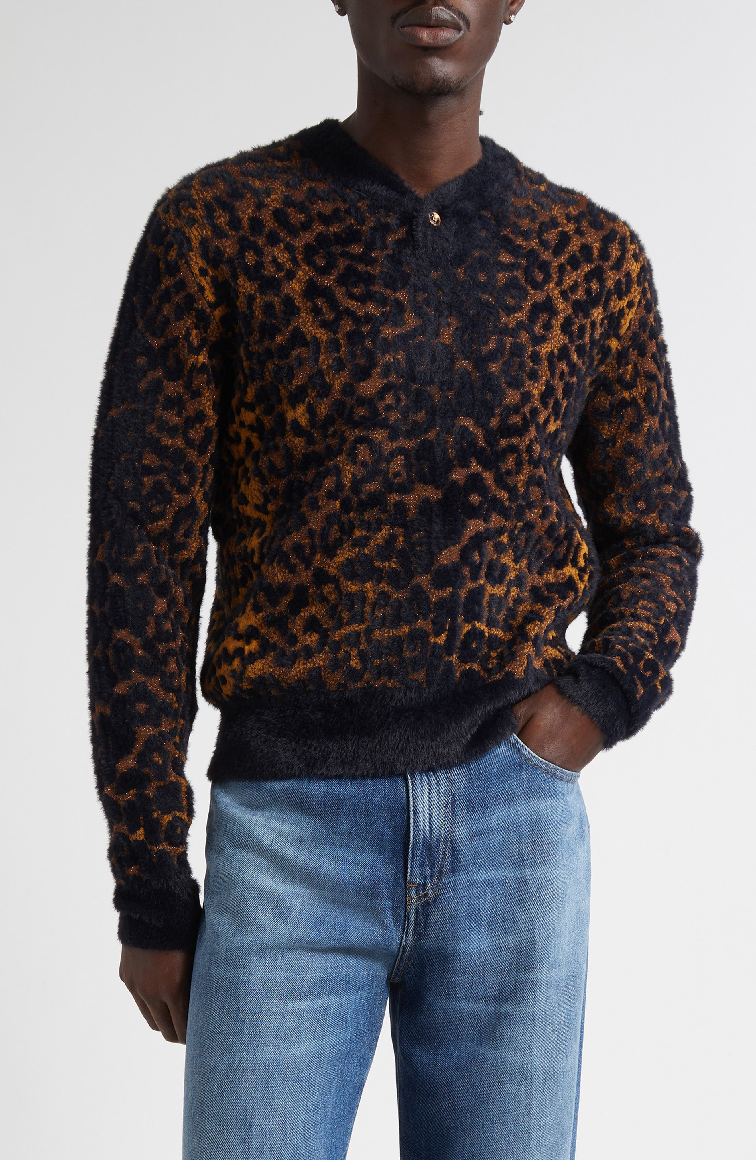 Versace Leopard Jacquard Cardigan in Golden Brown/Black at Nordstrom - 1