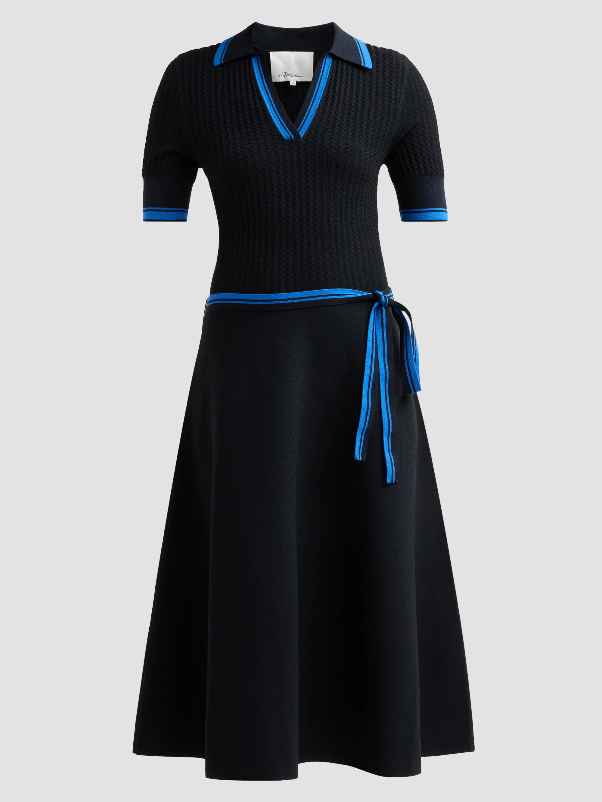 Women's Textured Ribbed Tie-Waist Polo Dress - Caviar Royalty - 1