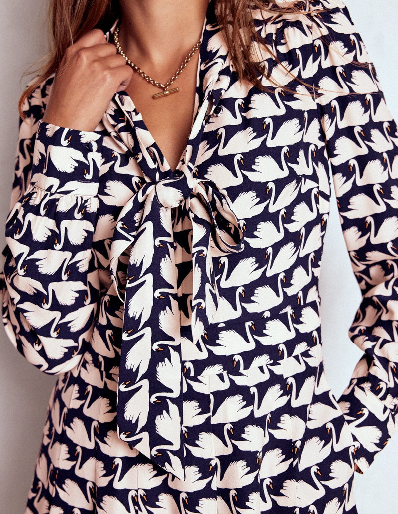 Tie Neck Short Dress-French Navy, Geo Swan 3