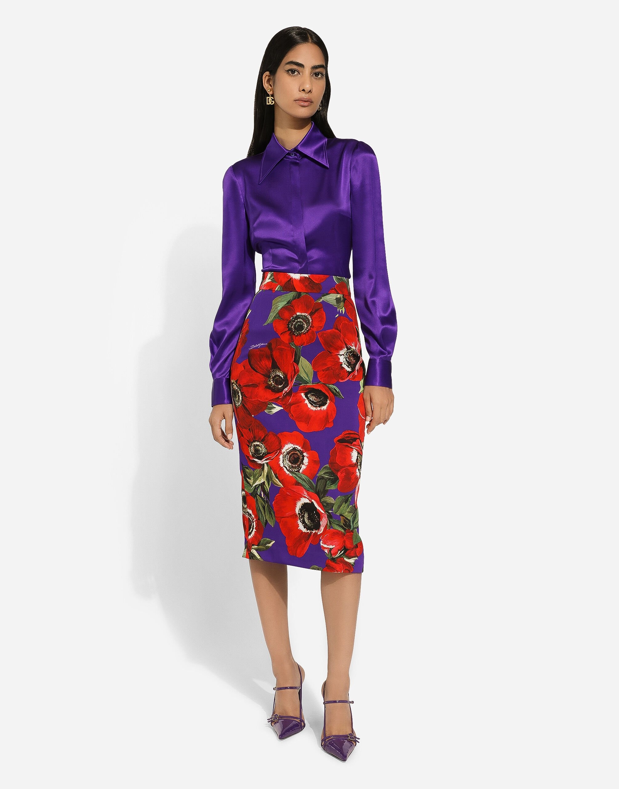 Dolce & Gabbana Charmeuse calf-length skirt with anemone