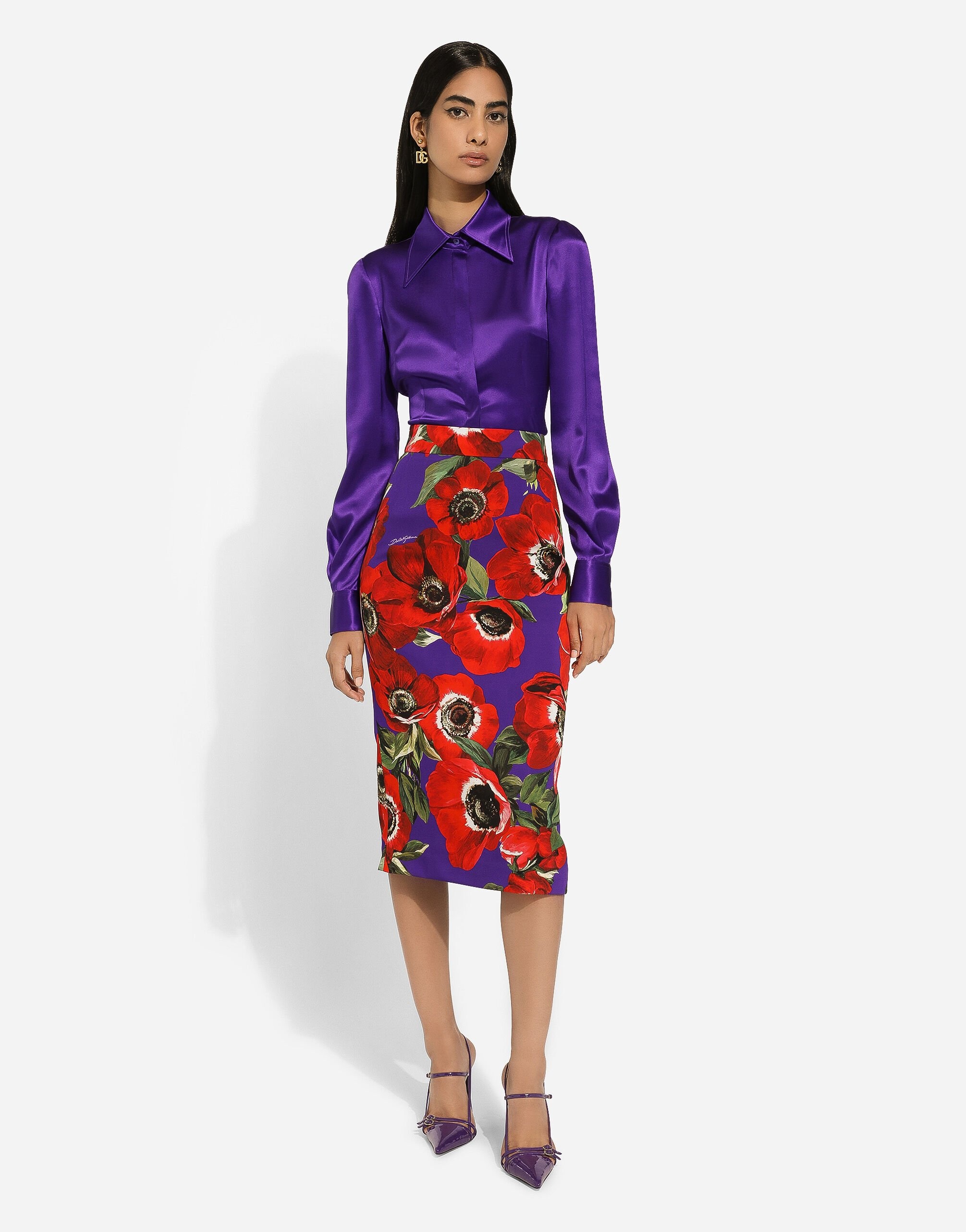 Charmeuse calf-length skirt with anemone print - 2