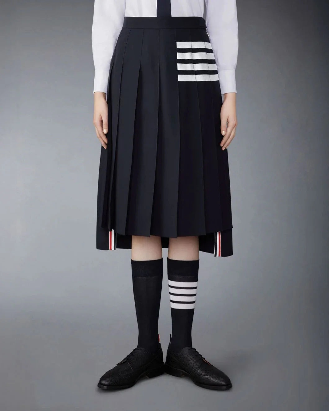 NAVY WOOL PLAIN WEAVE PLEATED 4-BAR SKIRT - 2