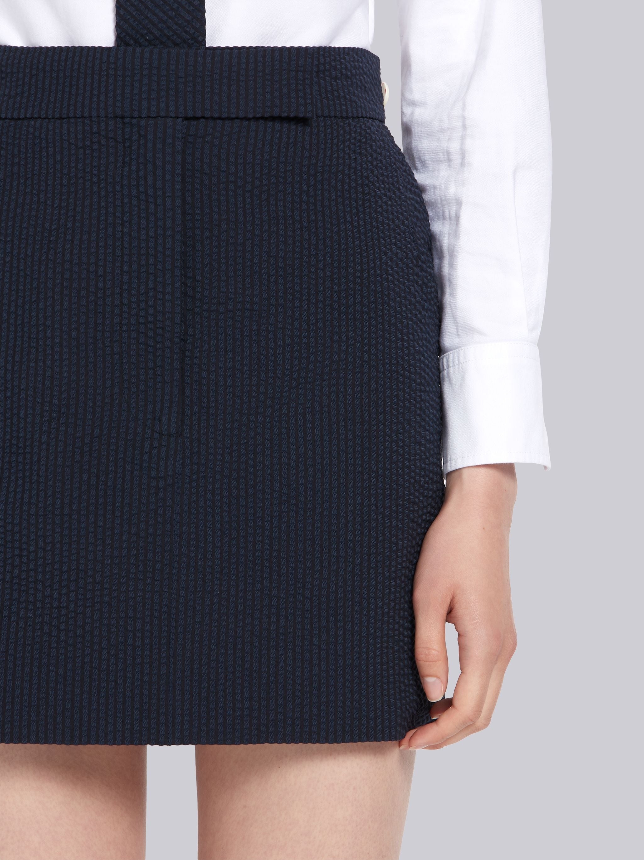 Navy Wool Seersucker Classic Mini Skirt - 5