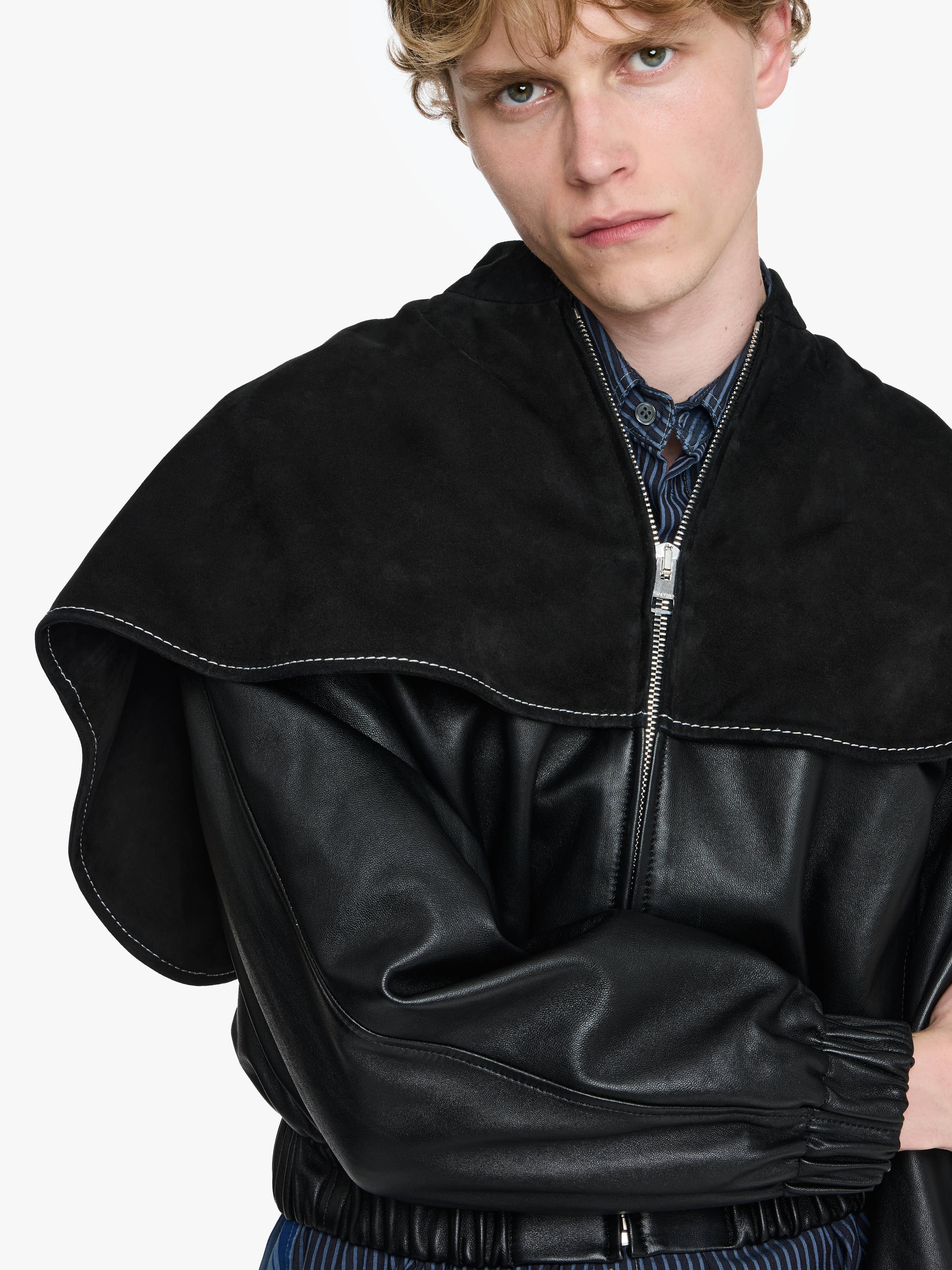 LEATHER BOMBER JACKET WITH OVERSIZED COLLAR - 5