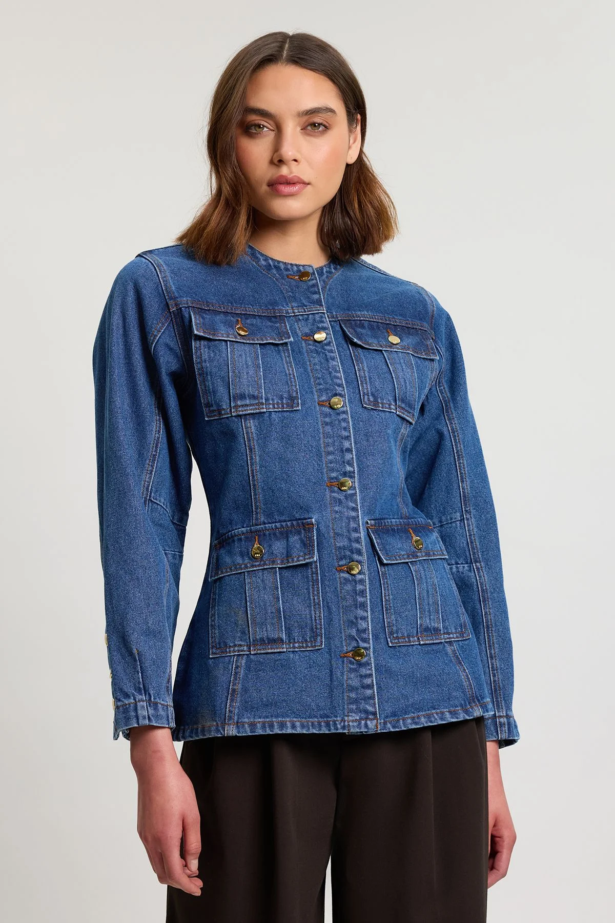 Denim Button Though Rounded Sleeve Jacket - 1